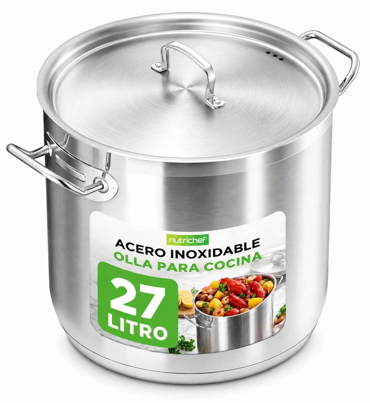 Nutrichef Olla acero inoxidable 18/8, Con tapa, Grande y resistente, Para sopas y guisos, Apta para induccion