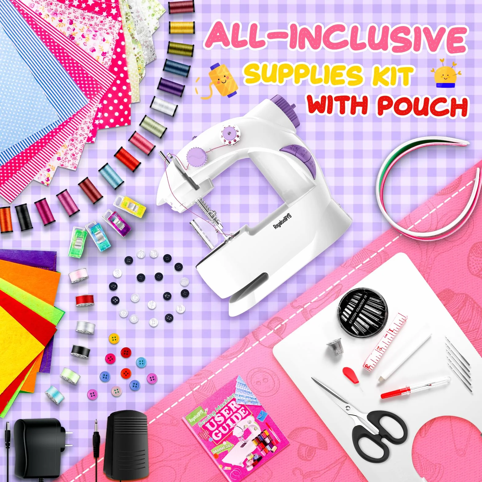 Mini máquina de coser con kit de costura de 118 piezas para principiantes, máquina de coser portátil de doble velocidad con luz y protector de dedos (morado)