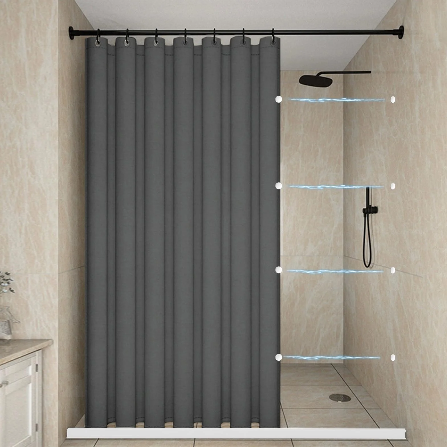 Cortina de Ducha Magnética Antimoho Impermeable con Presa de Agua para Ducha, Cortinas de Ducha de Tela Lavables de Alta Resistencia para Baño, 230g/m², Gris, 80x180cm