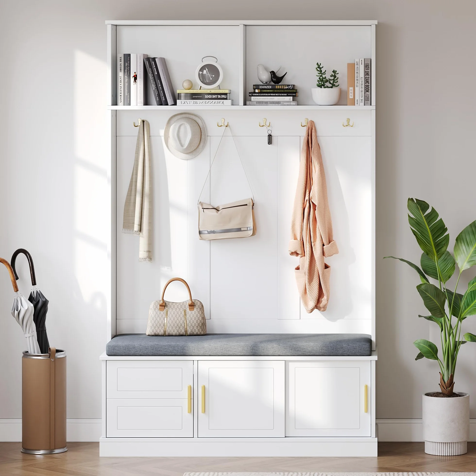 Perchero con zapatero, 6 ganchos triples, independiente, ahorra espacio, para entrada, pasillo, blanco, 120 × 40 × 191 cm (blanco)