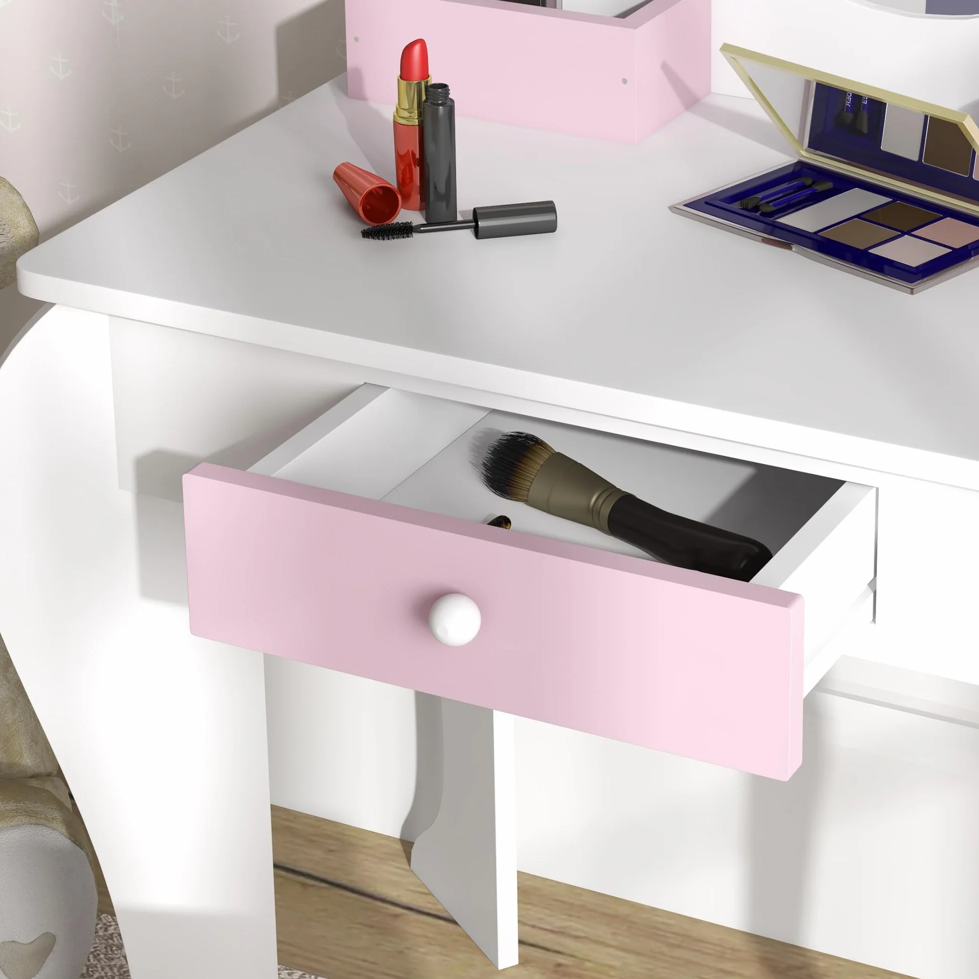 Tocador Infantil con Taburete y Espejo, Diseño Unicornio, Mesa de Maquillaje para Niñas 3-6 Años, Blanco