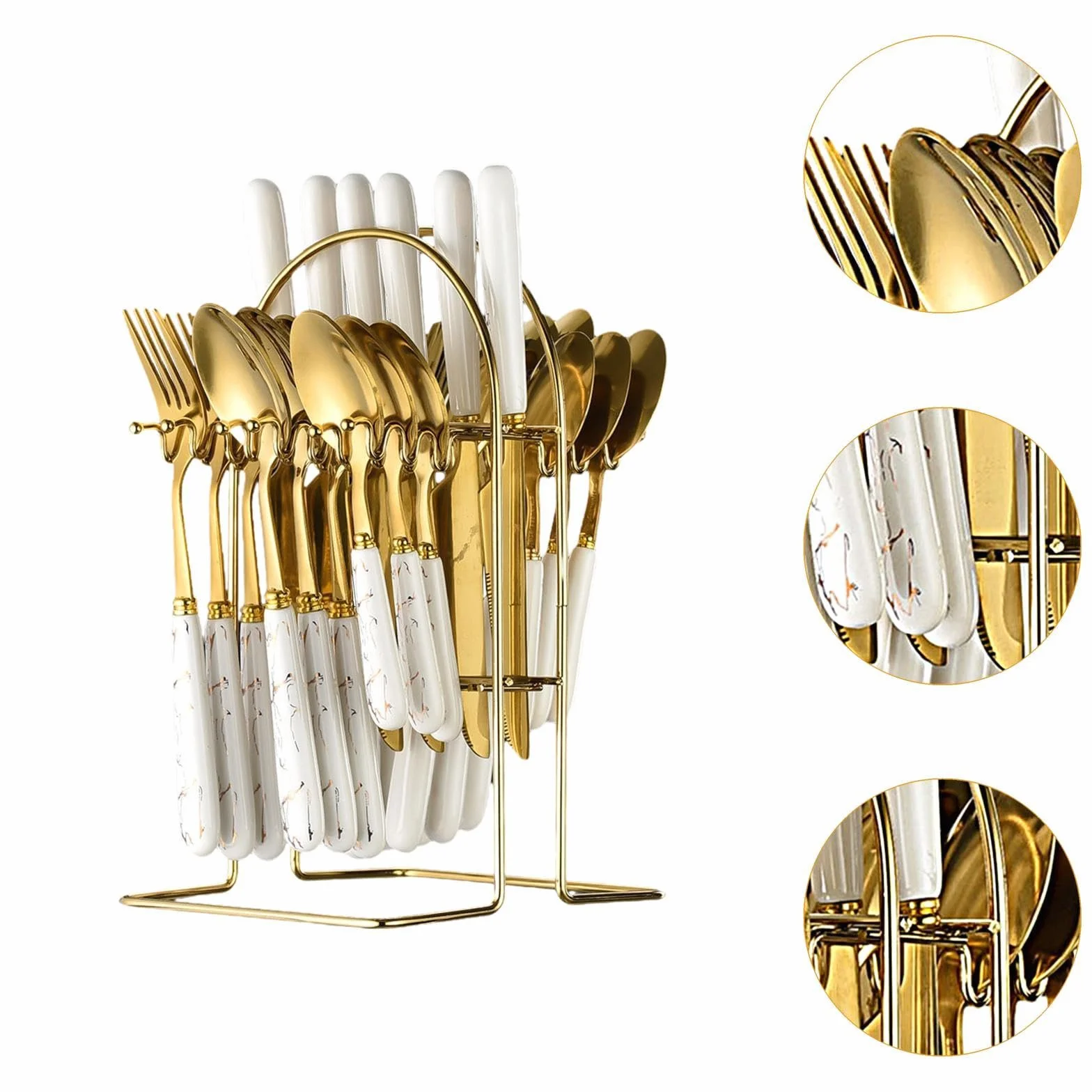 25 Piezas Vajilla de Cubiertos Acero Inoxidable Cerámica Ergonómica Pulido Soporte Colgante para Cenas Fiestas Y Hogar, Oro Blanco, Individual