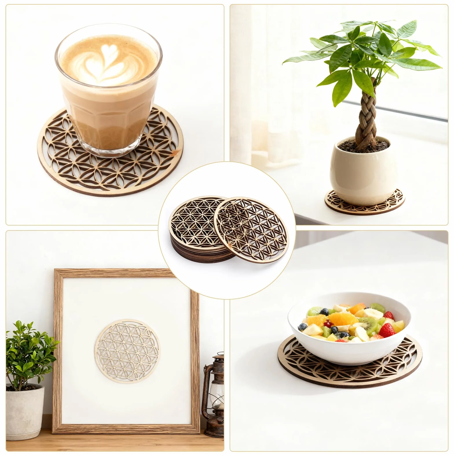 Flor de la Vida Posavasos Madera de Abedul 10 PCS Decoración de Pared para Meditación