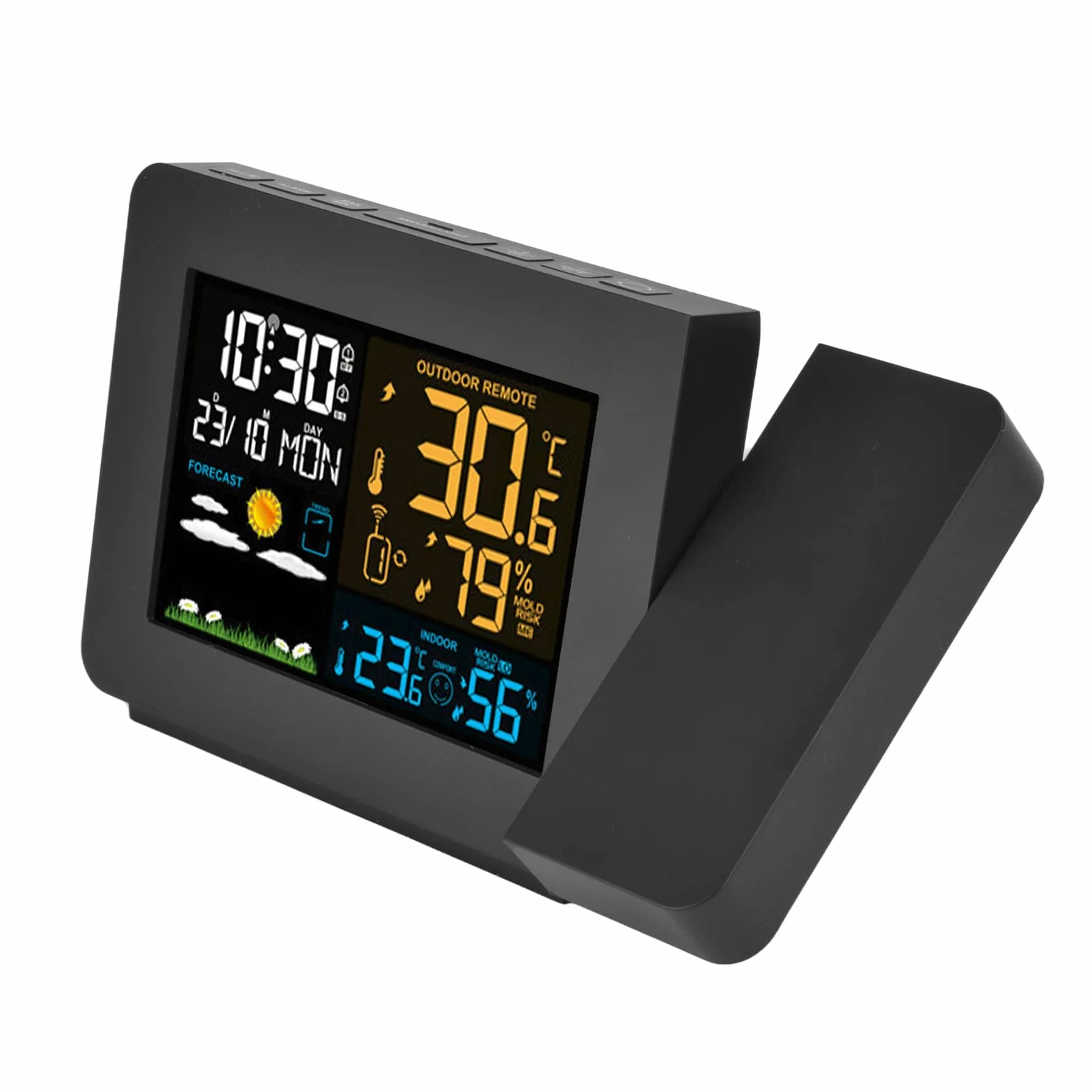 CHICIRIS Reloj Despertador Digital con Proyección para Dormitorio Estación Meteorológica Inalámbrica Termómetro Higrómetro Interior Exterior 7 Idiomas Alarma Dual