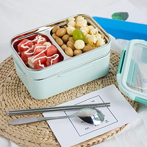 Fiambreras Bento, lonchera portátil de acero inoxidable doble capa, ideal for picnics y la escuela(Blue)