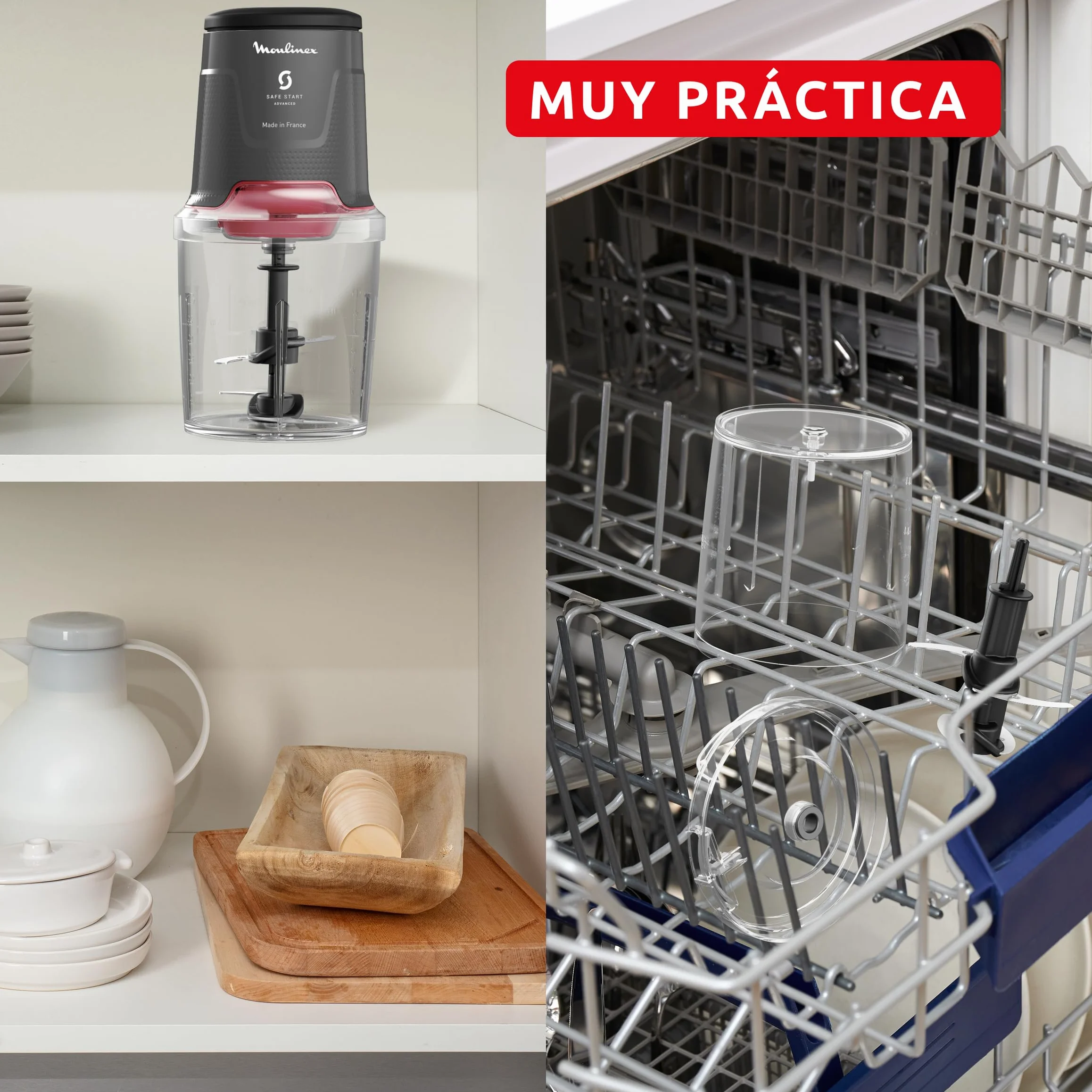 Moulinex Easy Press, Picadora de alimentos, 600 W, Capacidad de 500 ml, 4 cuchillas afiladas de acero inoxidable, Tecnología Safe Start Advanced, 3 funciones, Apta lavavajillas, Gris, AT740HF1
