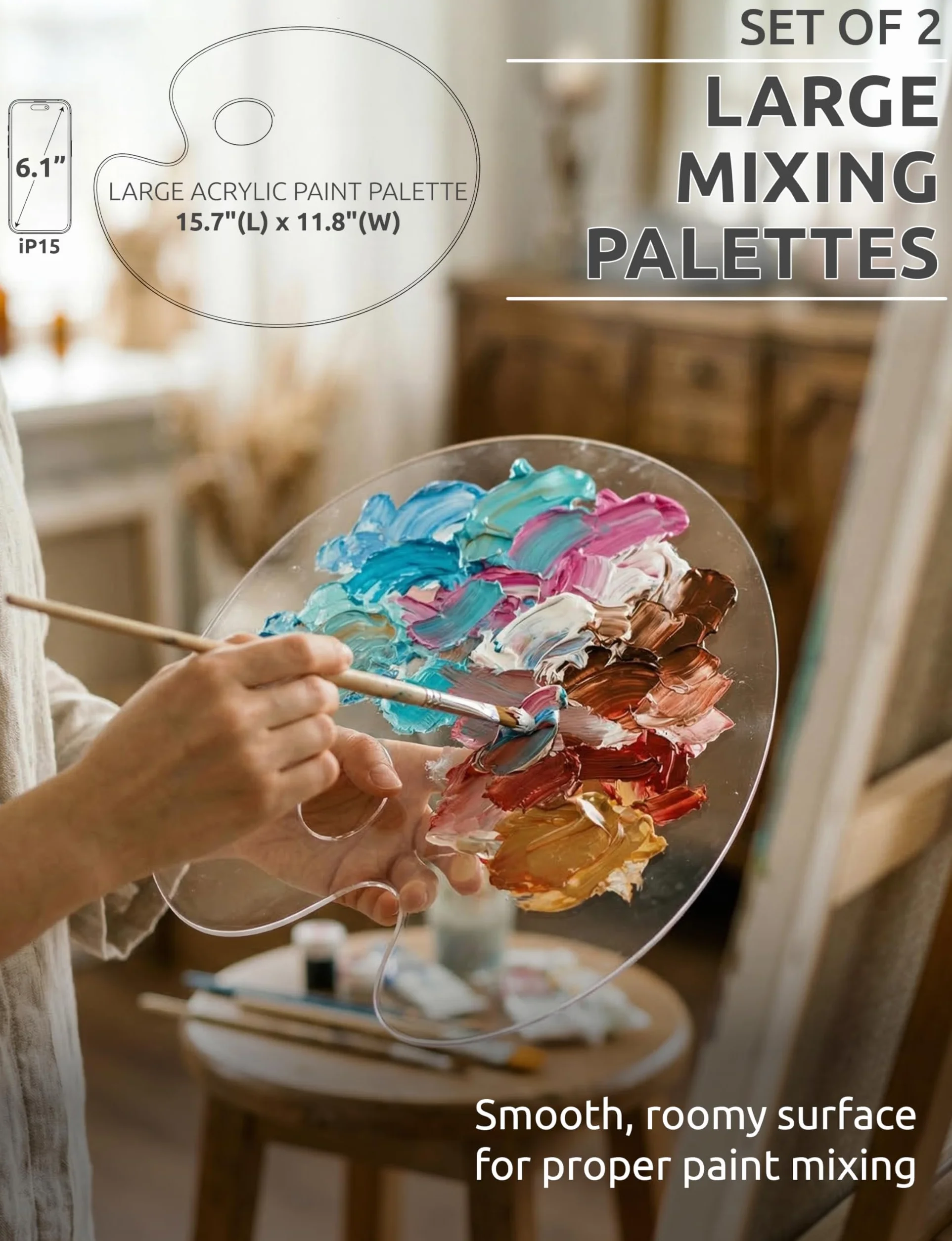 Paleta de Pintura acrílica Grande, 2 Piezas de 15.7 x 11.8 Pulgadas, Bandeja de Mezcla de Pintura al óleo acrílica Transparente Ovalada, cómoda de sostener y fácil de Limpiar, para Placa de Pintura | Paleta de gran tamaño, superficie antiadherente, adecua