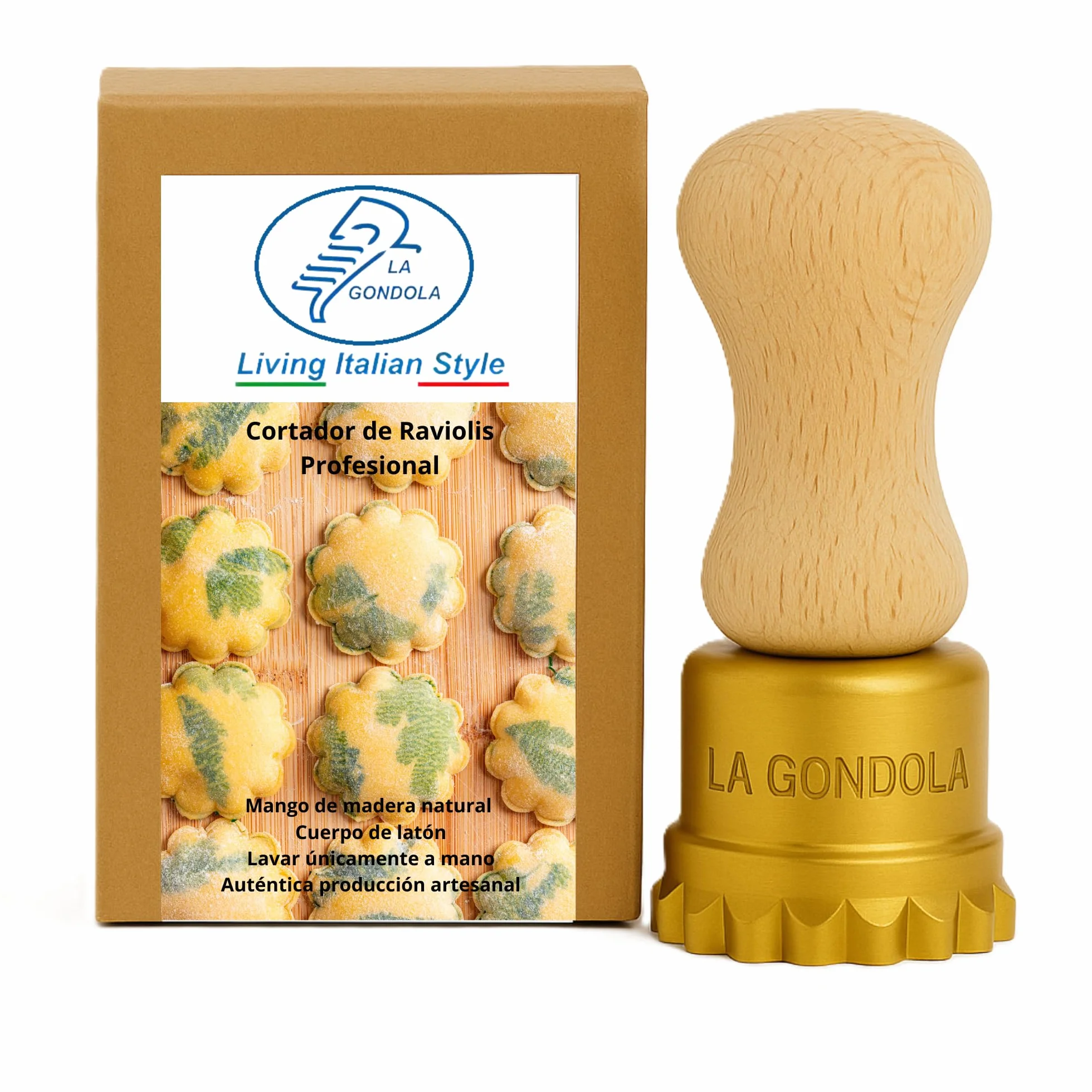 La Gondola Cortador de Raviolis Caseros - Forma de Flor 50 mm | Cortapastas de Latón y Madera Natural | Cortador de Pasta Robusto y Fácil de Usar | Utensilios para Pasta Fresca Hechos en Italia
