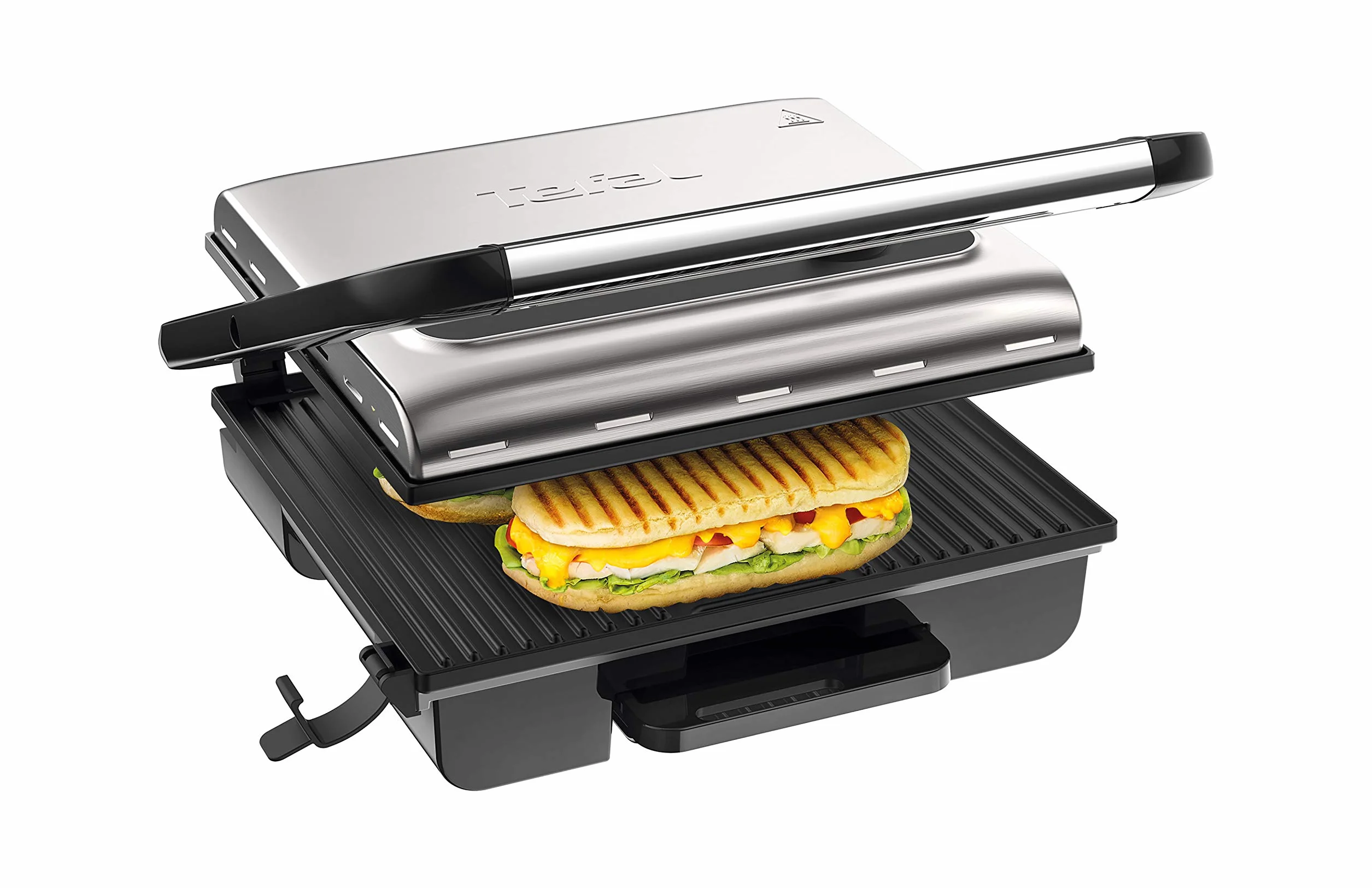 Tefal GC242D Grill de carne, pescado y verduras, Función sandwichera y panini, Termostato regulable, Bandeja recolectora de jugos antigoteo, Plateado, 2000 W