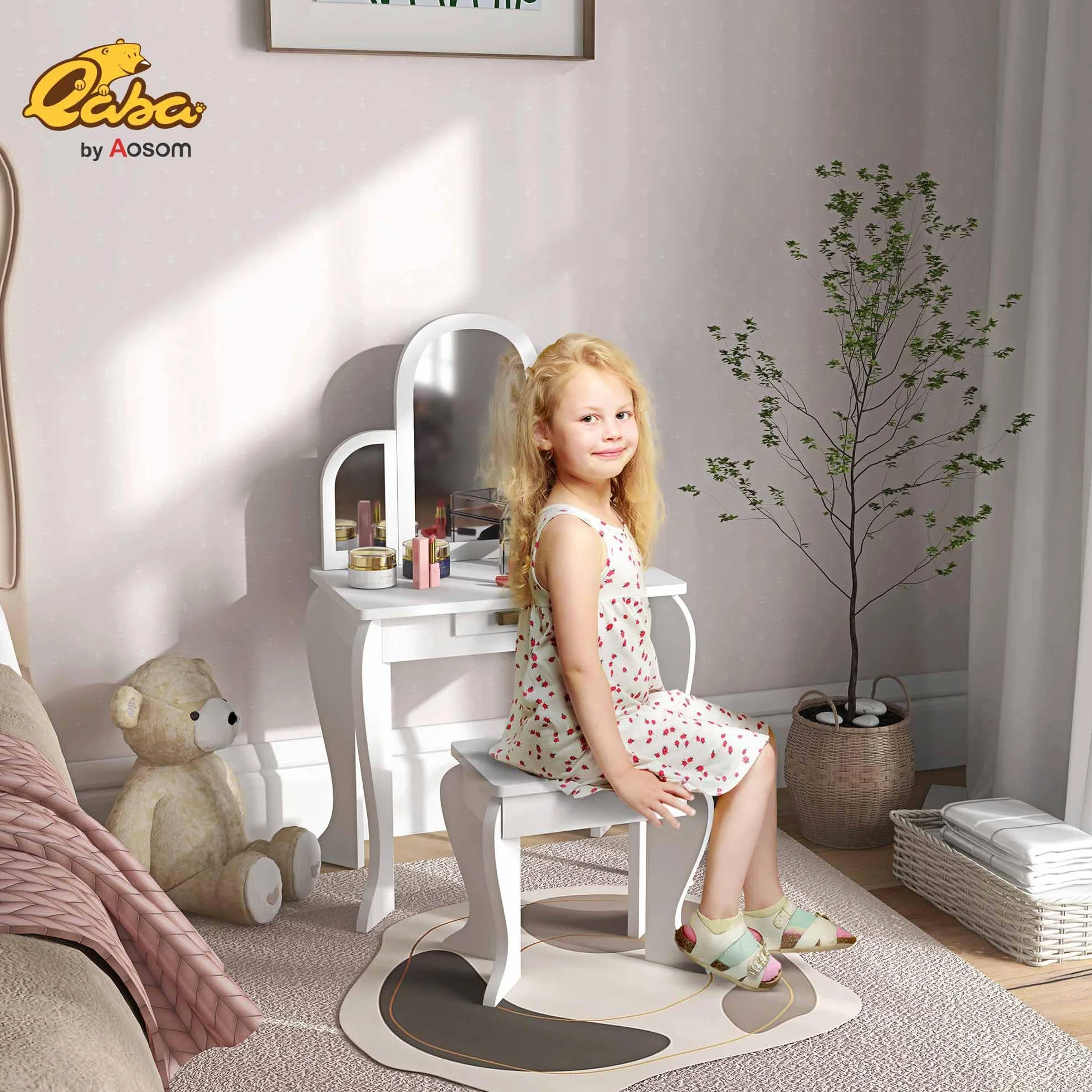 HOMCOM Tocador Infantil con Taburete y Espejo, Cajón, Mesa de Maquillaje para Niñas 3-6 Años, Blanco
