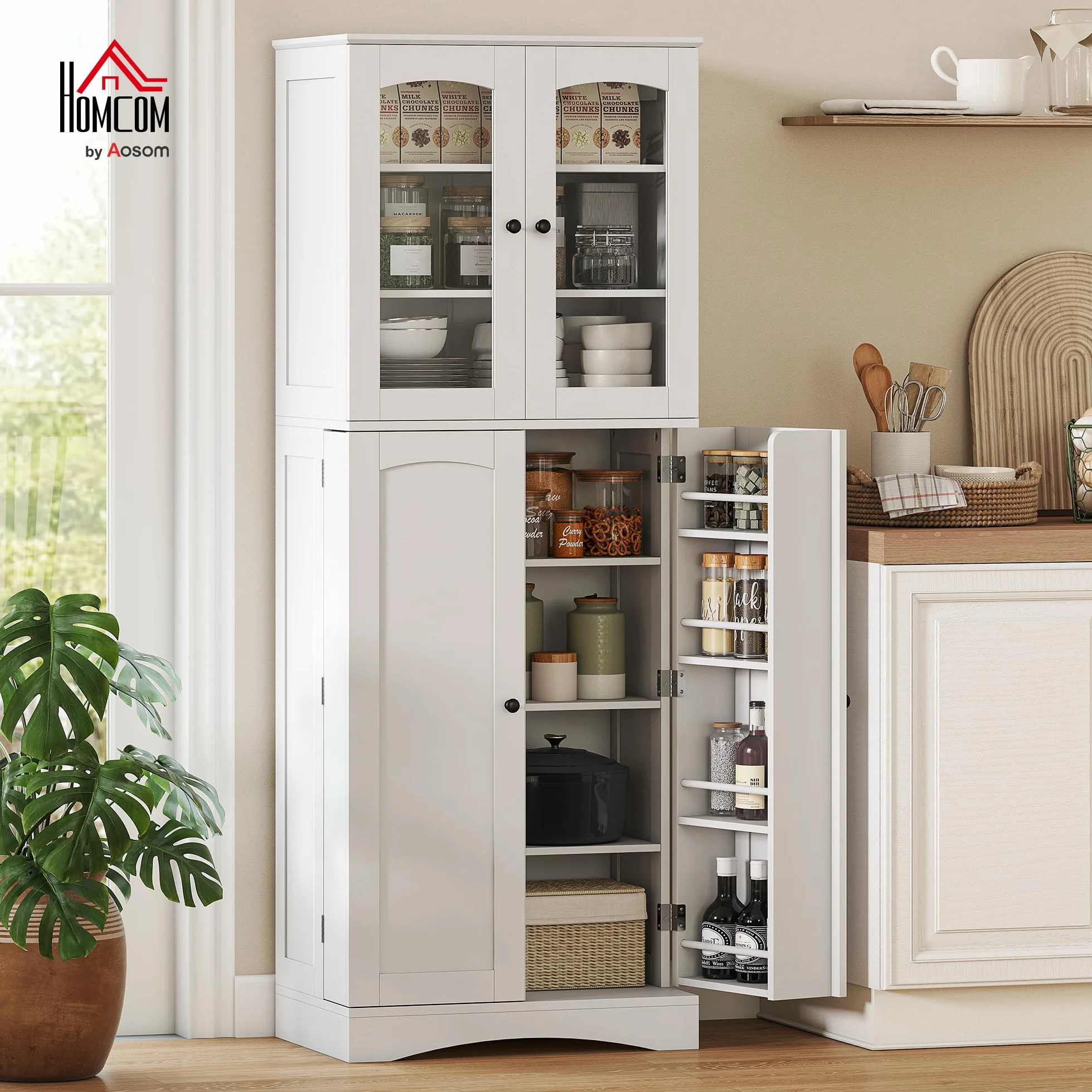 HOMCOM Armario de Cocina, Armario Despensa Cocina, con Puertas Acrílicas de Cierre Suave, 10 Estantes, 8 Compartimentos, Alacena Moderna con 4 Estantes Ajustables para Comedor, 60x40x162 cm, Blanco