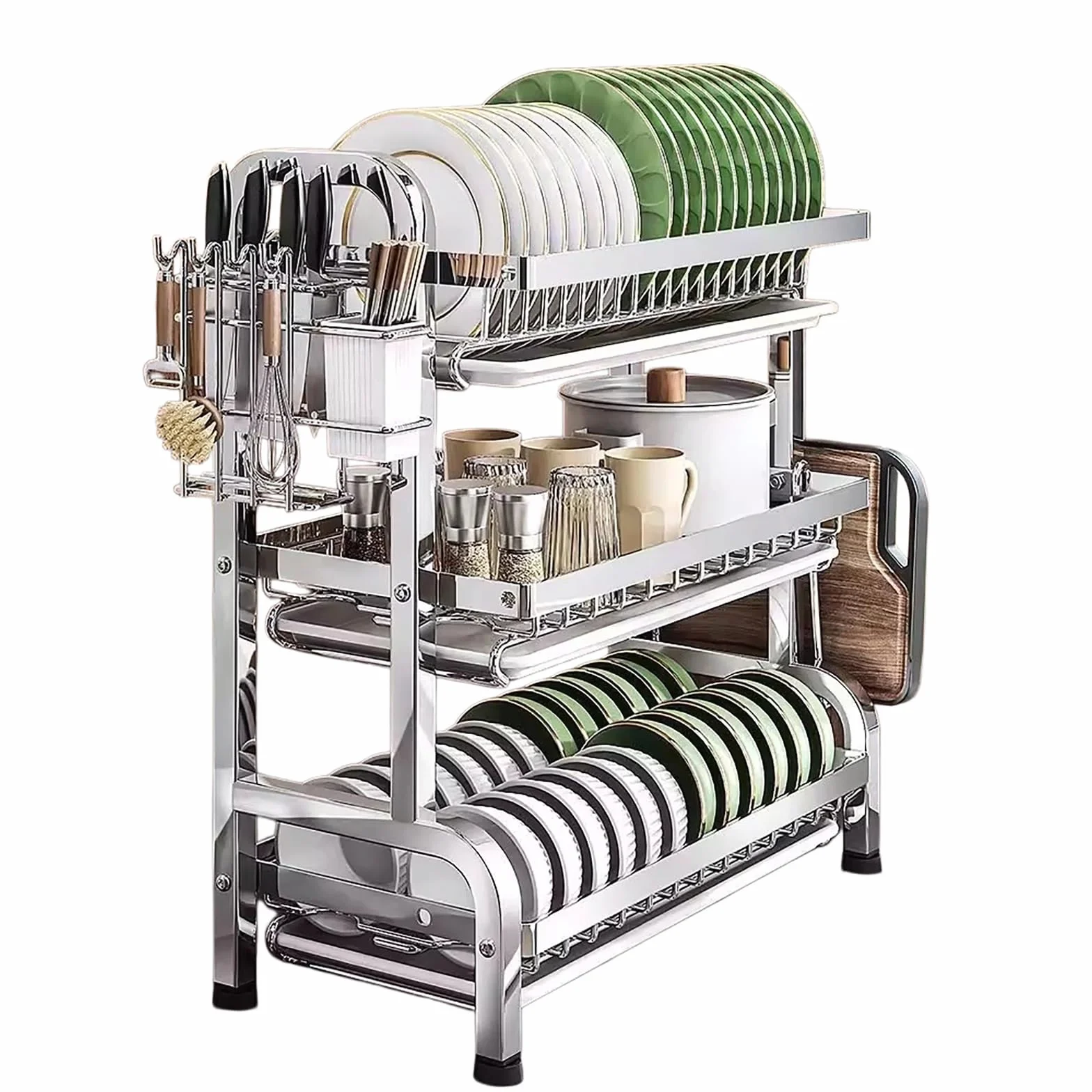 Escurreplatos de 3 Niveles en Acero Inoxidable 304 - Grande Escurridor de Platos para Encimera con Bandeja Raccogligocce - con Porta Cubiertos y Soporte para Tabla de Cortar(43 * 24 * 60cm)