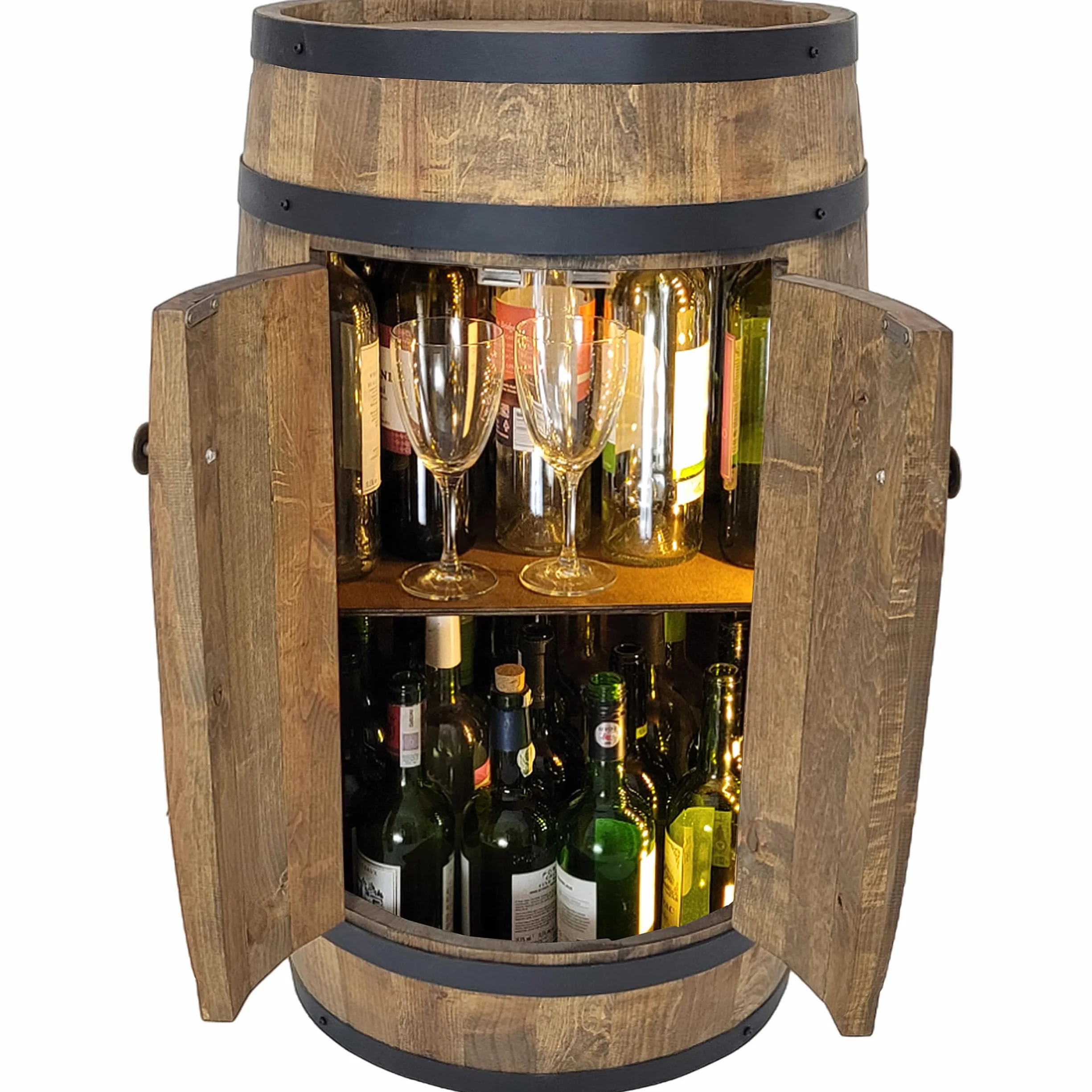 Barril de madera con 2 puertas e iluminación LED, barril de vino de 80 x 50 cm – Armario de bar hecho a mano Botellero Bar Casa Bar Vintage Bar Pared Estantería Madera Whisky Vino Cerveza – Mesa de