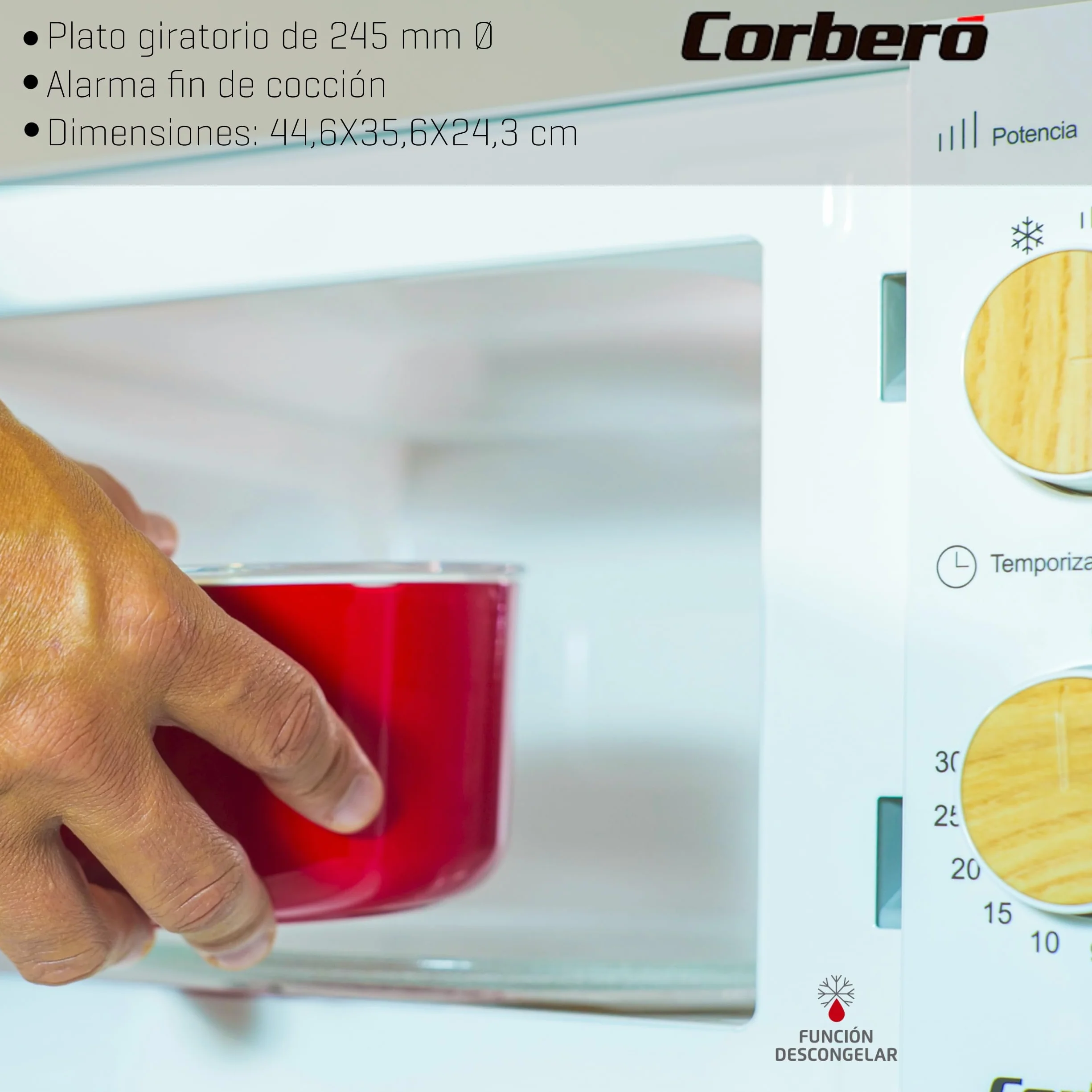 Corberó Microondas 20L 700W Control Mecánico 5 Niveles Temporizador 30 Min Plato Giratorio 245mm Blanco