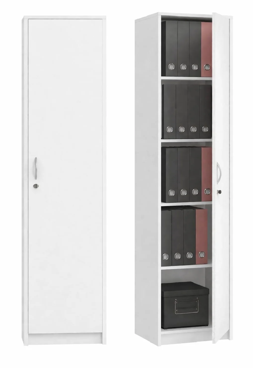Armario de oficina con cerradura, estantería para libros, estantería de oficina con 1 puerta y 5 compartimentos, armario universal para oficina y hogar, 180 x 44,5 x 35 cm (blanco)