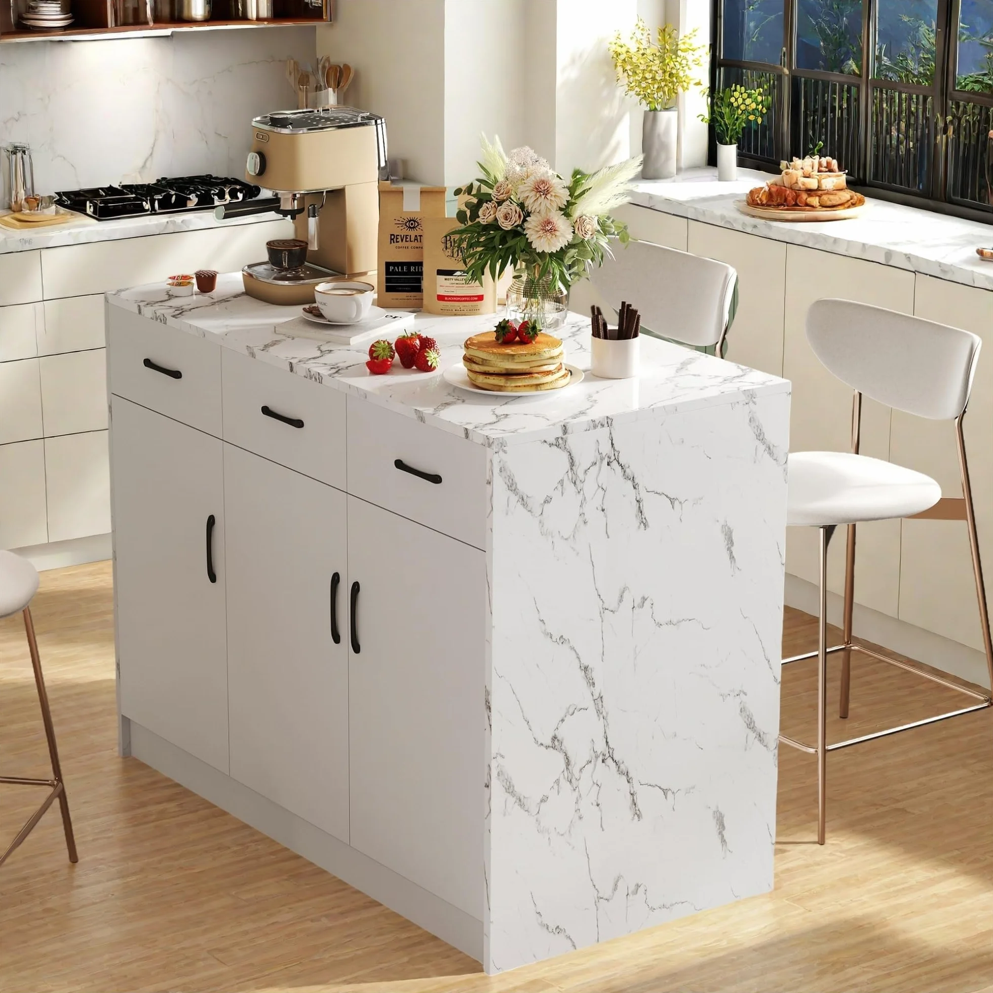 Isla de cocina 120x60x90,5cm, 3 cajones y 3 puertas, diseño de mármol blanco, estantes ajustables, cajones silenciosos, isla de cocina con superficie de trabajo, carro de cocina, diseño de área