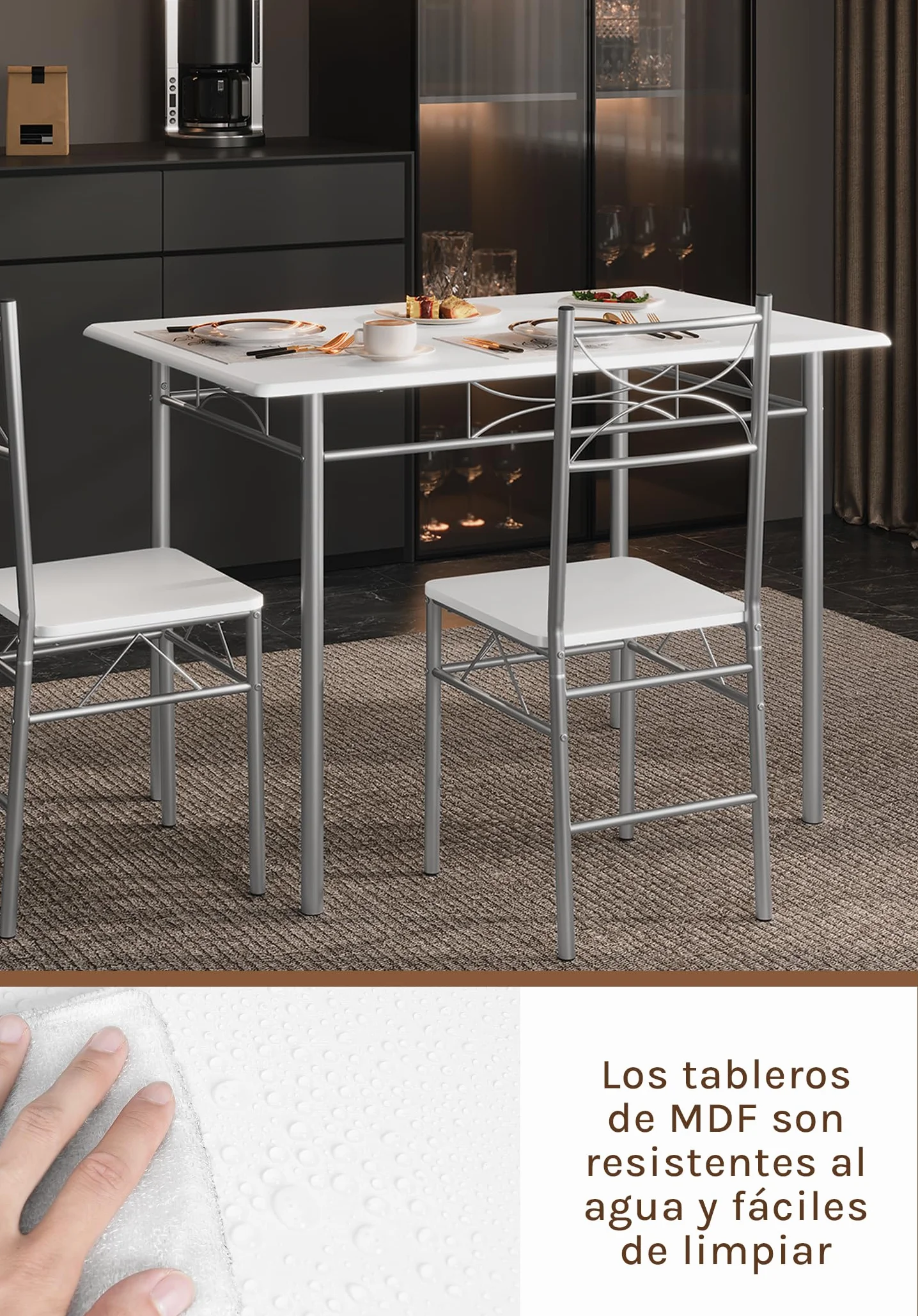 WOLTU Mesa y Sillas Comedor para 4 Personas, Mesa Cocina de Madera, Juego de Muebles de Comedor, Madera MDF y Metal, Blanco + Plata