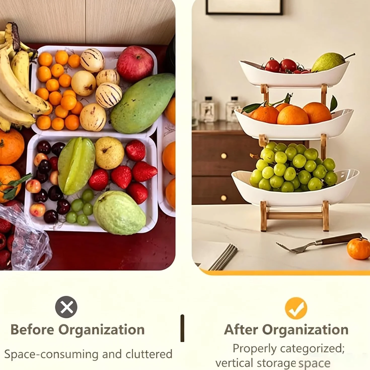 Cesta de frutas de bambú, cuenco ovalado desmontable de 2 niveles, organizador de ahorro de espacio para encimera de cocina, diseño apilable para frutas y verduras del hogar, almacenamiento de cocina