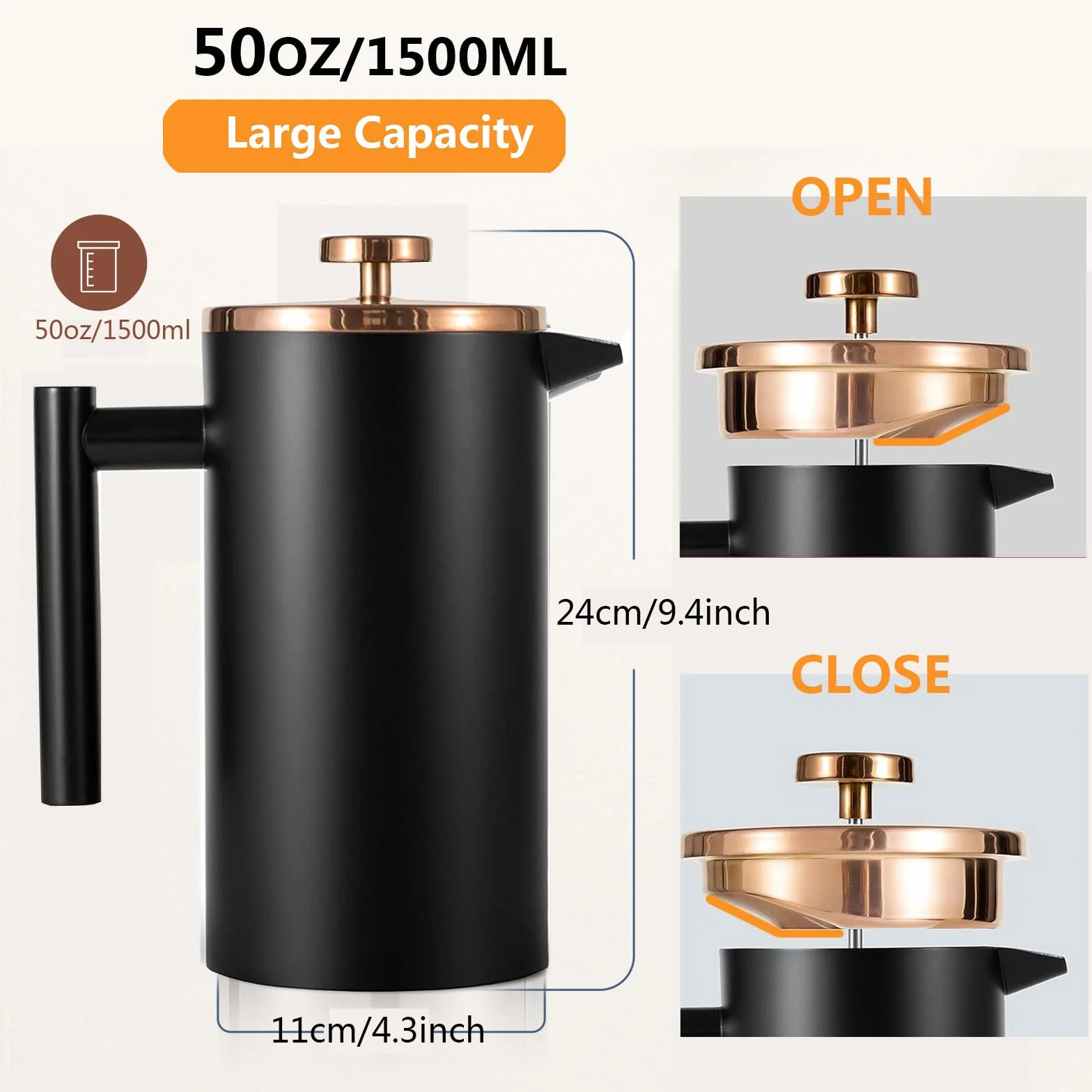 French Press CT-003-P - Prensa francesa de acero inoxidable, 52 onzas, color negro