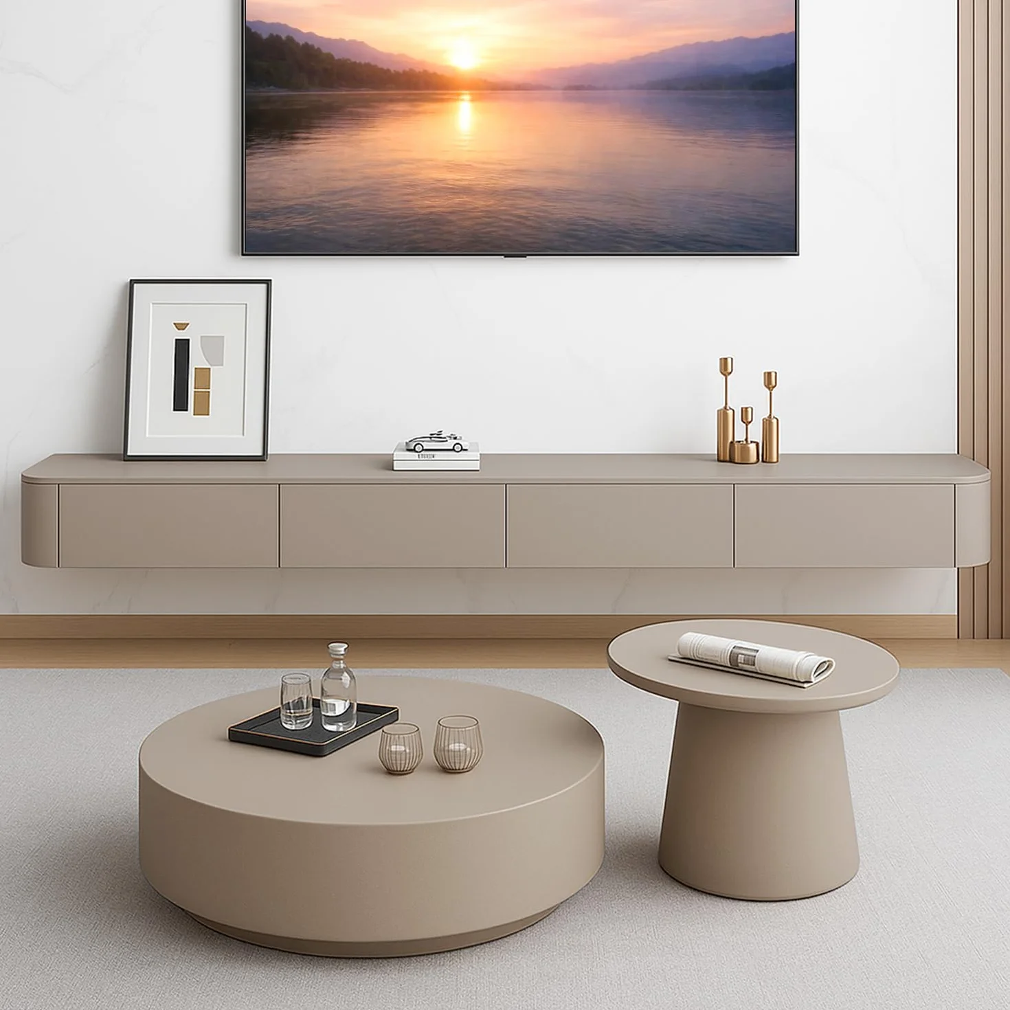 Mueble TV Suspendido Moderna con luz LED | Consola de Medios de Entretenimiento Montada en la Pared | Banco de TV con Gran Capacidad de Almacenamiento para Sala de Estar y Oficina (Caqui, 220cm)