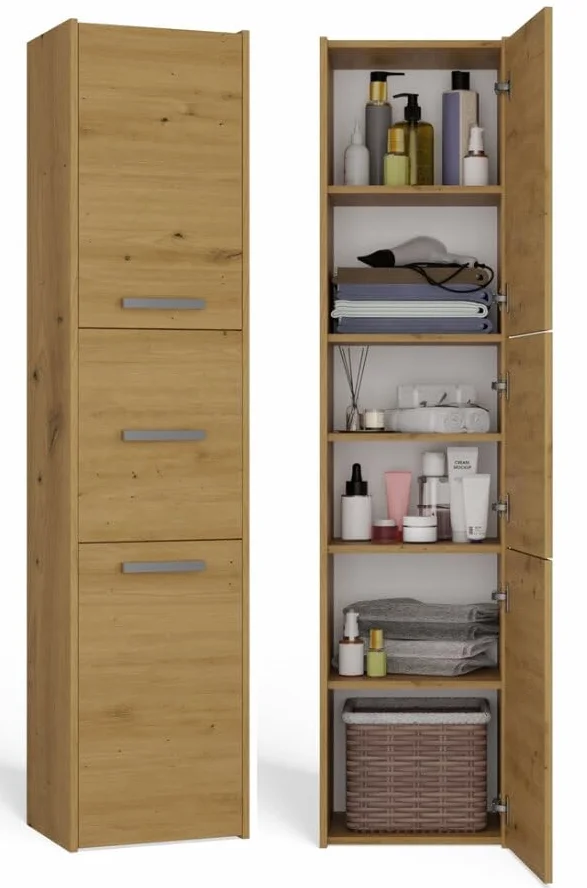 BDW - Armario de Baño Corredera - Armario de Baño Alto - 170x40x30 cm - 3 x Puertas con Tiradores, amplios estantes en el Centro, Lado de Apertura de la Puerta Seleccionable - Roble Artesano