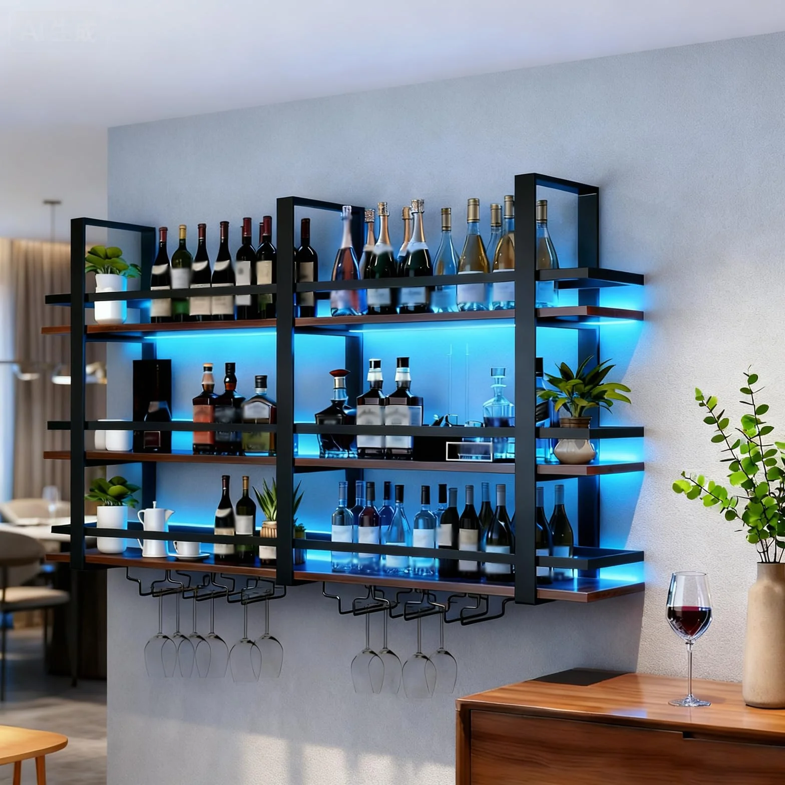 Botellero de Pared con Luz LED, 3 Niveles Estante Flotante Metal y Madera con Soporte Copas, Gran Capacidad Estante Exposición Vino, para Hogar, Restaurante Decoración Bar (Negro, 100cm)