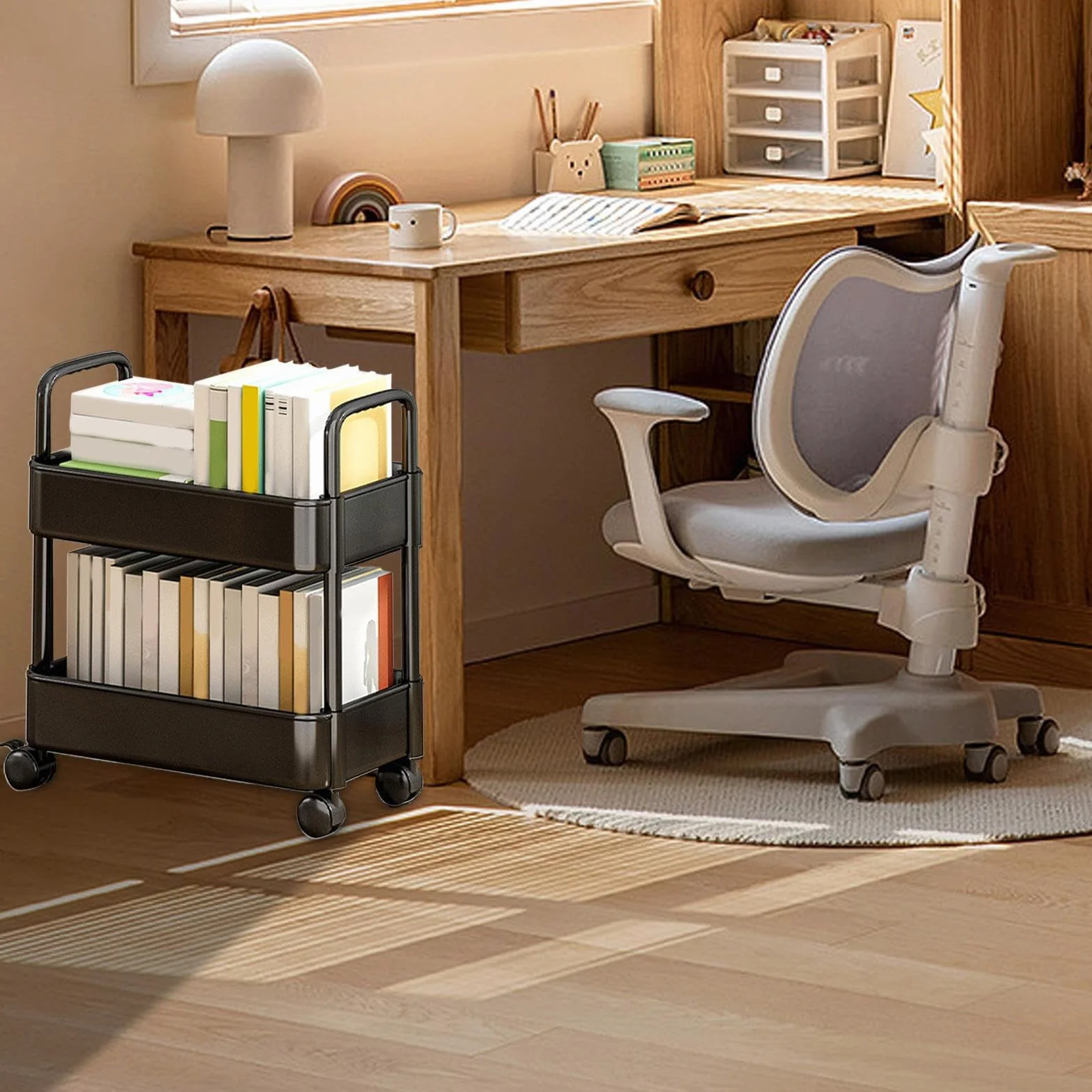 Carrito con 2 niveles, organizador multifuncional para carrito libros, estantería móvil con ruedas, organizador carrito libros para dormitorio, sala estar, escuela en casa, niño