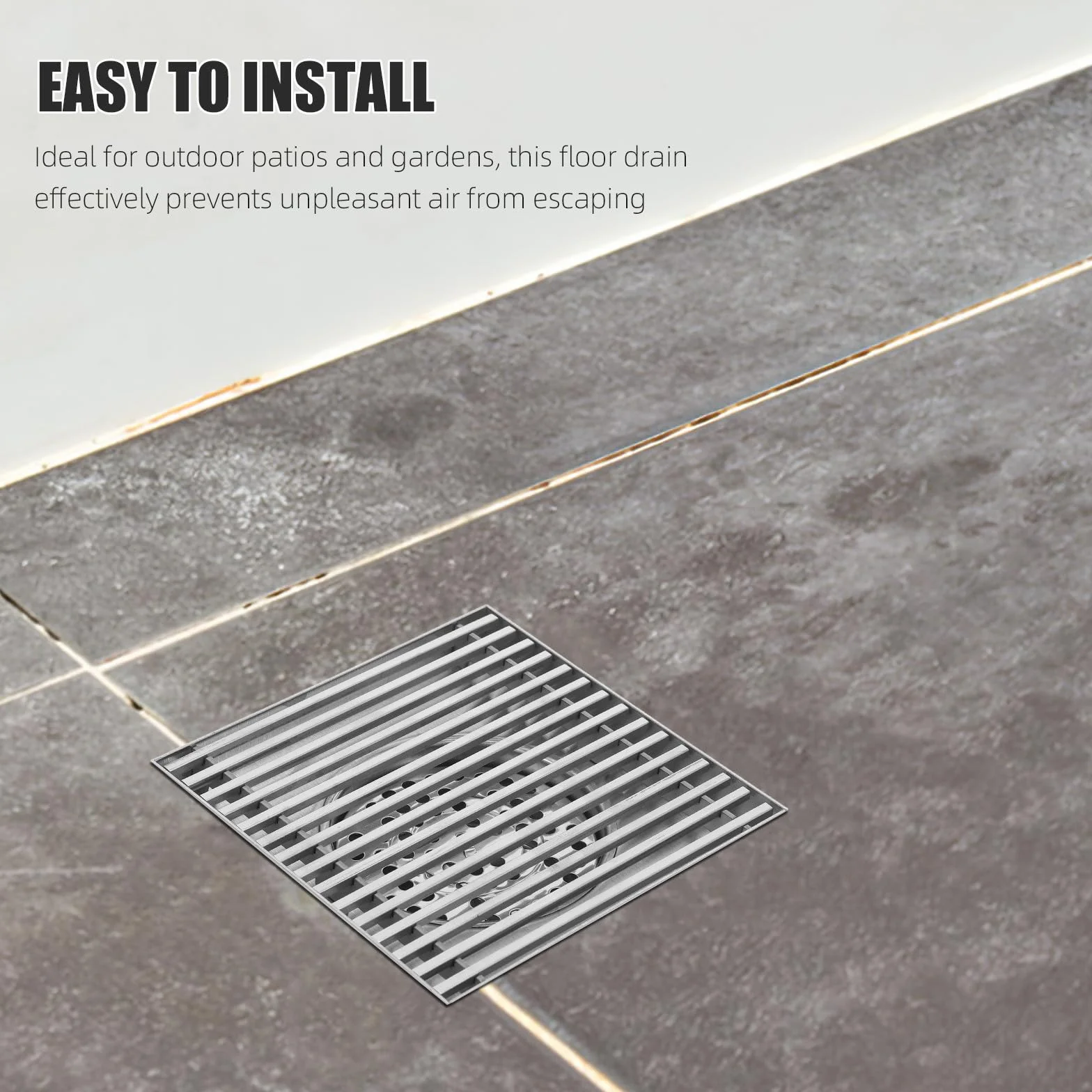 Rejilla Cuadrada de Drenaje en Acero Inoxidable 304 para Patio | Gran Diámetro, Acabado Plata, Diseño Antiobstrucción, Uso Exterior en Jardines y Patios