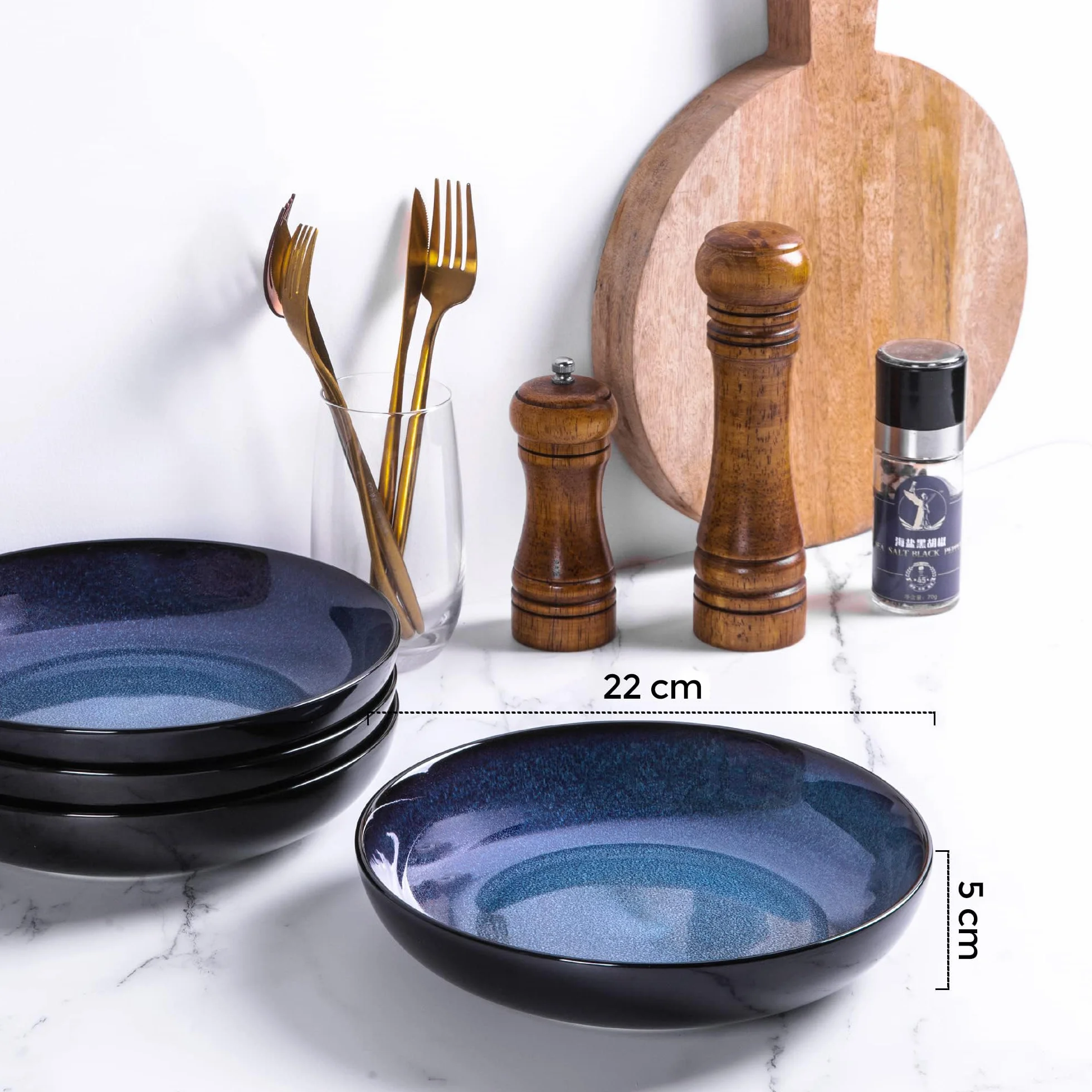 LeRatio Cuencos grandes para pasta de 22 cm, juego de 6 platos profundos de gres, resistentes a los arañazos, cuencos modernos para sopa, fideos, aptos para microondas AMD y lavavajillas, azul