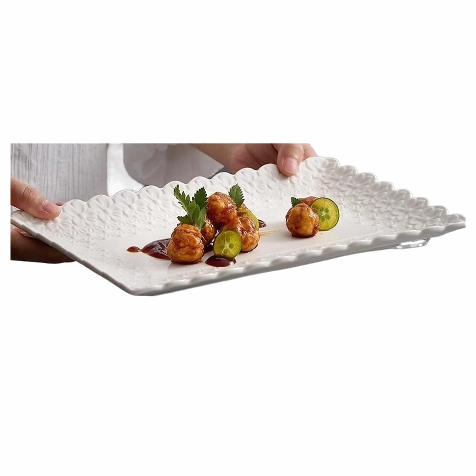 Plato rectangular for servir con flores en relieve, plato for aperitivos y postres de sushi y pescado for restaurante y vajilla especial(A 11.7inch)