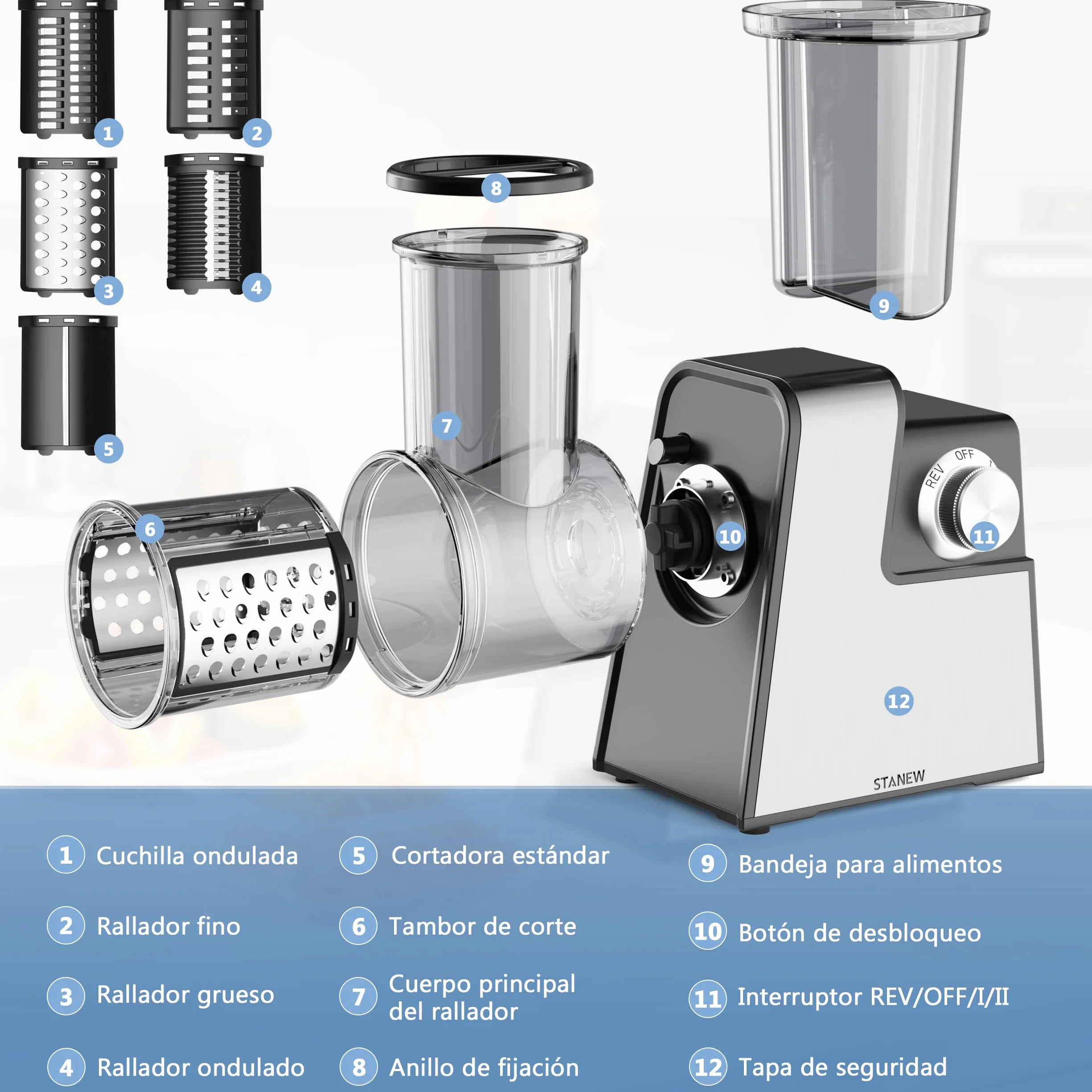 Picadora de carne eléctrica de 2500 W profesional con 5 cuchillas inoxidables, multifuncional, rallador, accesorio completo, diseño compacto para preparaciones caseras