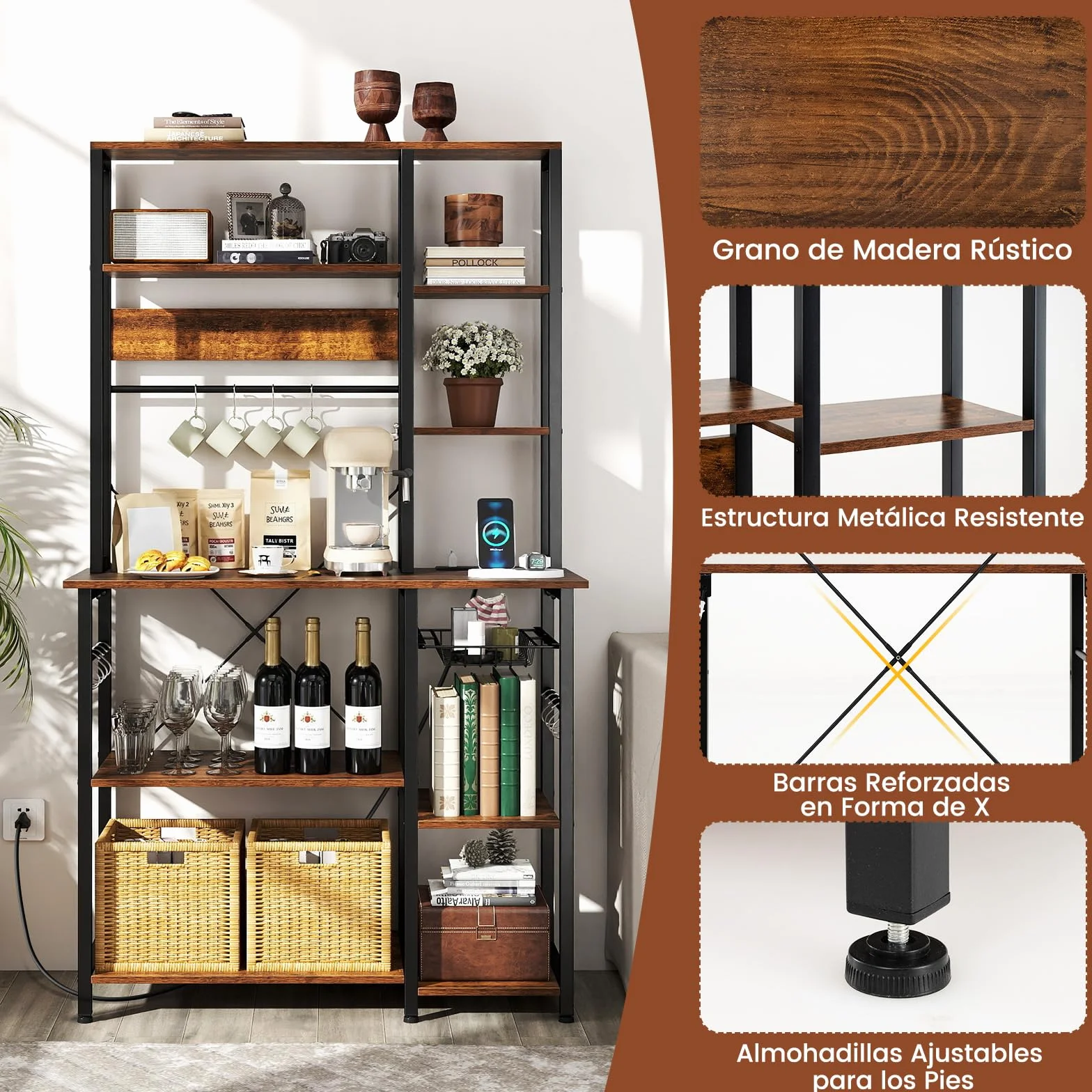 COSTWAY Estantería de Cocina, Armario de Cocina, Mueble para Microondas de 6 Niveles con Estantes Abiertos de Madera, Ganchos y Cesta, Marco Metálico, Organizador Almacenaje Cocina para Aparatos