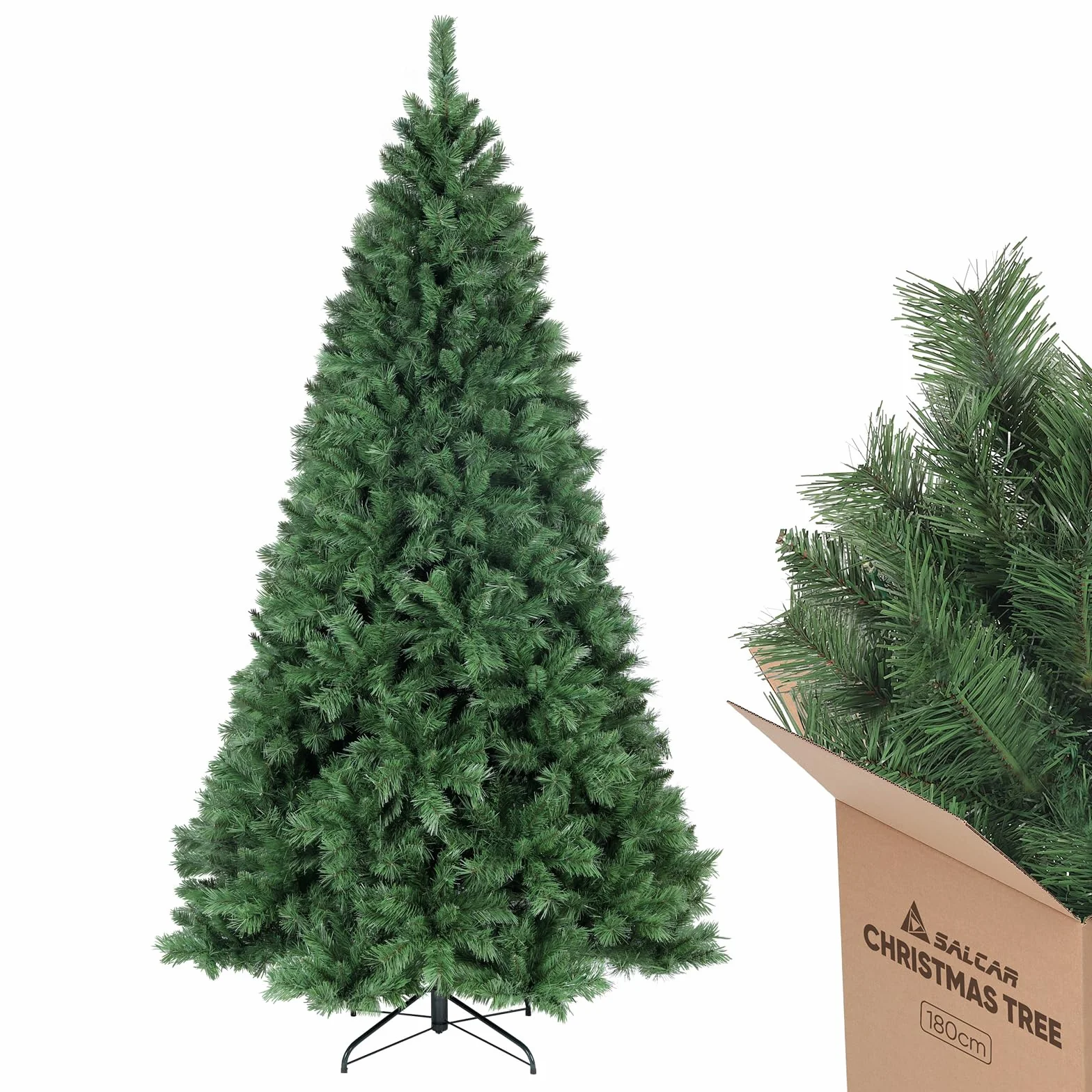 SALCAR Arbol de Navidad Artificial 180 cm, Árbol de Navidad con Guantes y 580 Puntas de Rama Soporte de Metal, Montaje Rápido, Ignífugo, Abeto