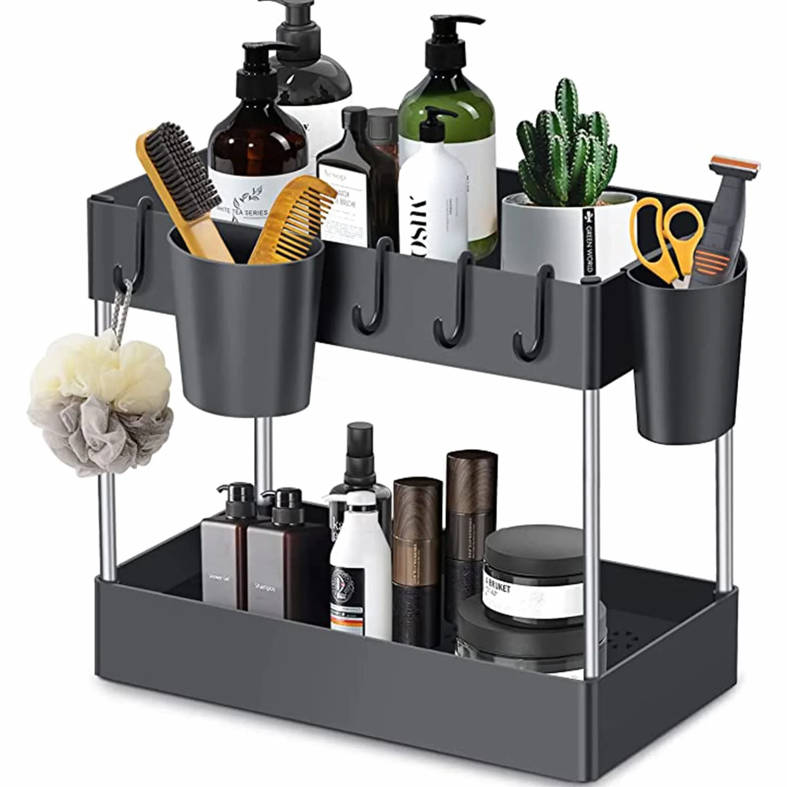 Organizador de Almacenamiento para Debajo del Fregadero, Organizador de Armario de Cocina y Cesta de Almacenamiento con Ganchos, 2 Niveles para Organizador de baño y Cocina