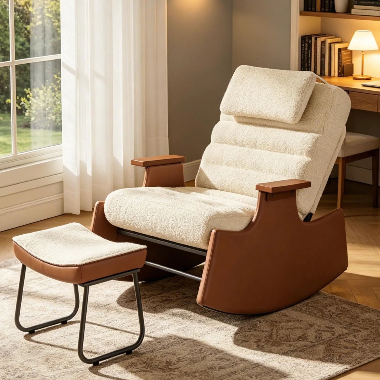 Mecedora con taburete, color beige, mecedora con reposapiés y 3 respaldos ajustables, sillón acolchado con reposabrazos y reposacabezas, silla de relax para salón, moderna, piel de cordero (beige +