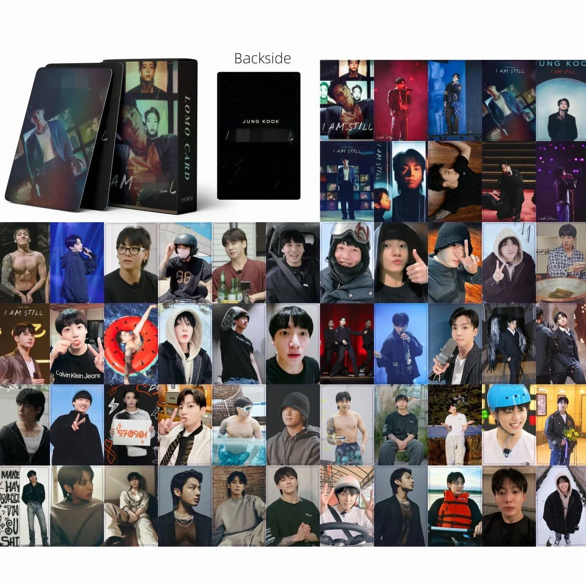 Kpop - Juego de 60 tarjetas de fotos personales JIMIN, 32 calcomanías, soporte para álbum de chimmy, llavero, llavero (Jungkook-I am still)
