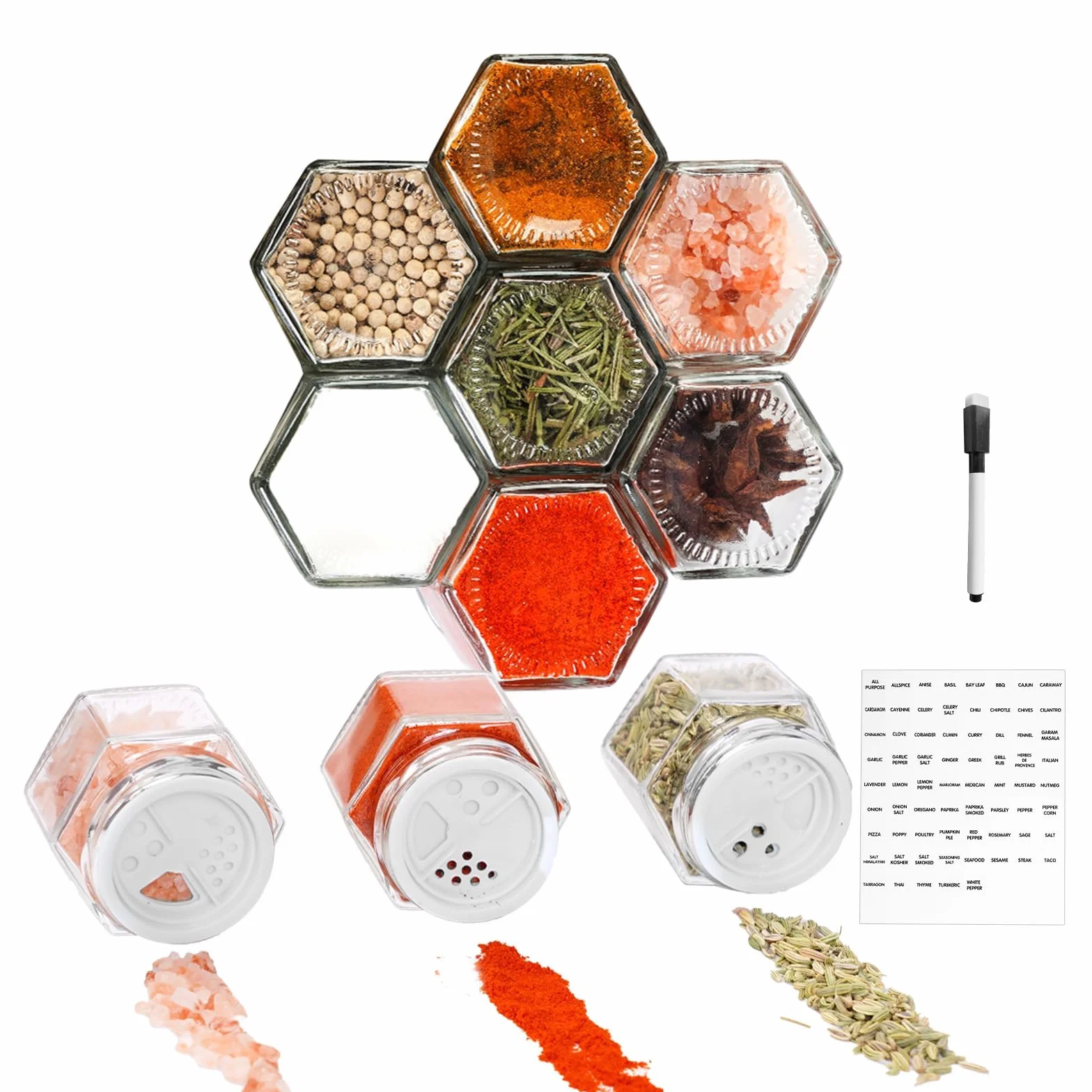 Juego de 10 tarros magnéticos para especias para refrigerador, pequeños recipientes magnéticos hexagonales de vidrio con etiquetas, tapas, organizador magnético para especias para armario de