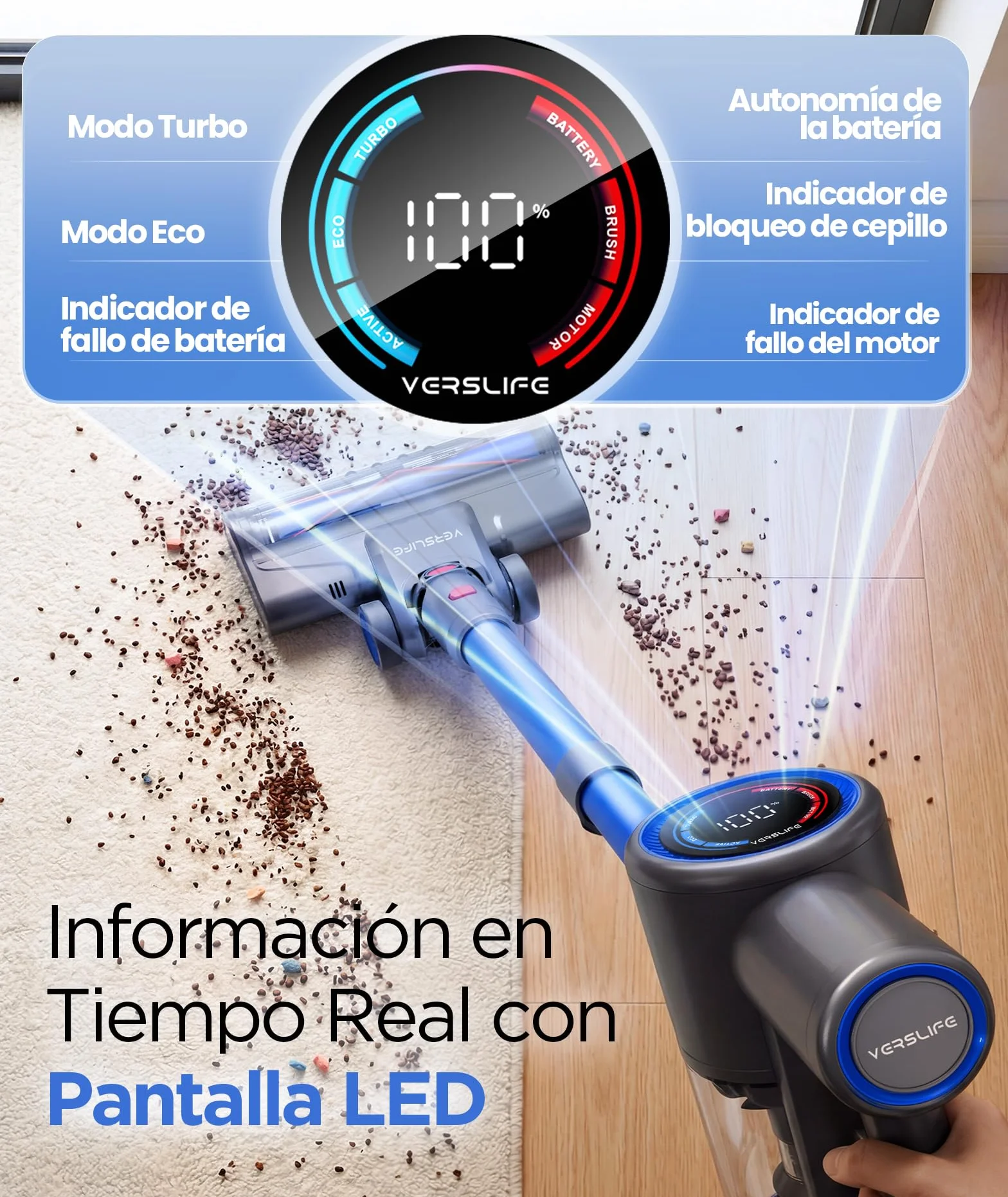 VersLife Aspiradora sin Cable 40KPA 500W Z8 Escoba Inalámbrica con Pantalla LED 45 Min Autonomía