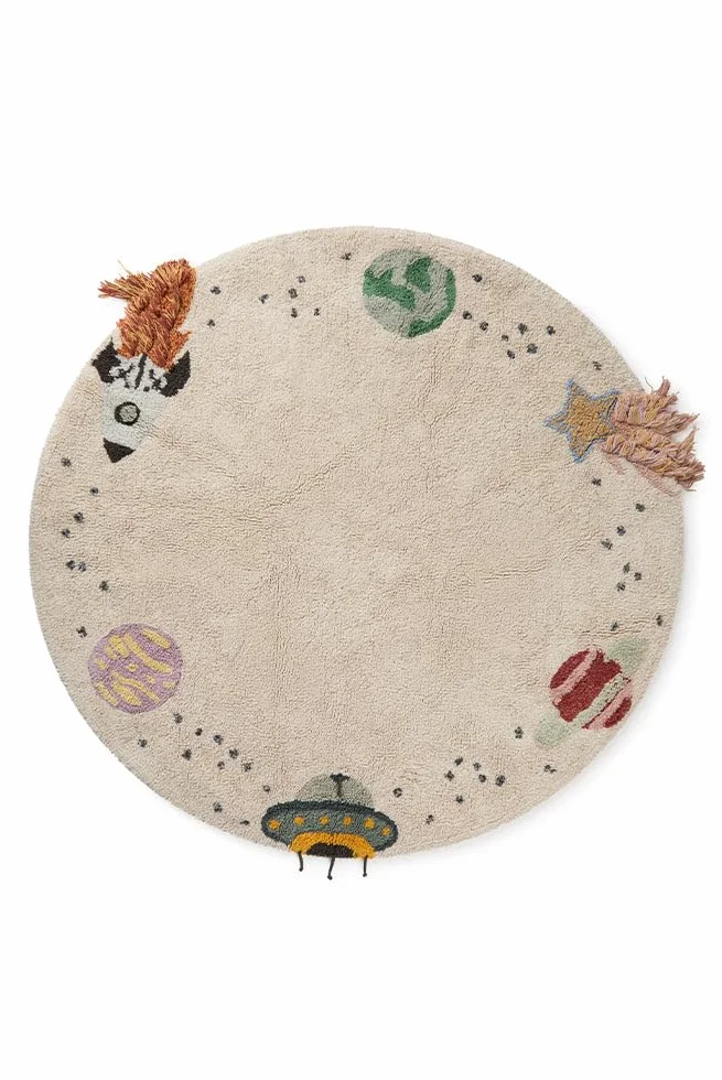 Lorena Canals Alfombra Infantil Lavable de algodón Viaje Interestelar 140 Ø cm, Beige - Alfombra Algodon Lavable - Alfombras Infantiles habitacion - Alfombras Redondas - Alfombra Bebe Beige