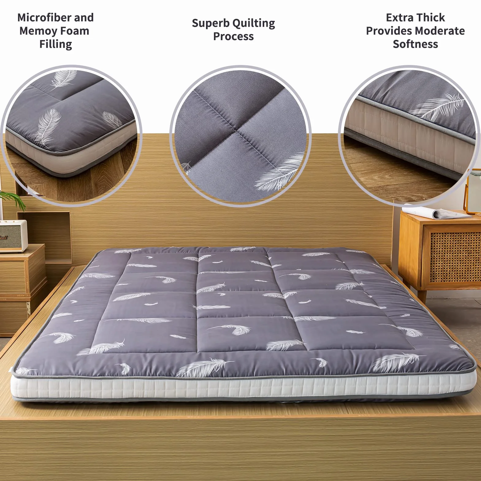 MAXYOYO Colchón de futón, colchón japonés acolchado, cubrecolchón de cama, extra grueso, plegable, transpirable, tumbona de suelo, cama de invitados para sofá de campamento (pluma, King)