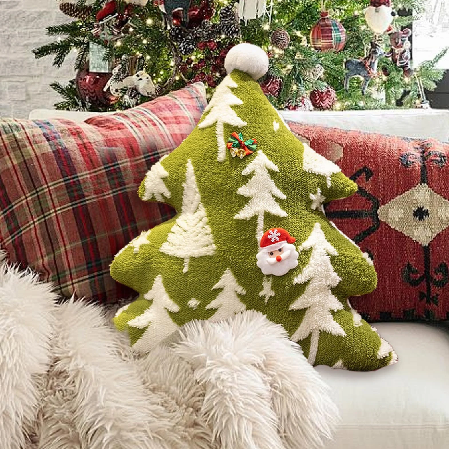 Almohada de felpa para decoración navideña, cojín decorativo festivo | almohada de árbol de terciopelo suave que añade calidez navideña, apoyo cómodo para relajarse, accesorio de decoración del ho