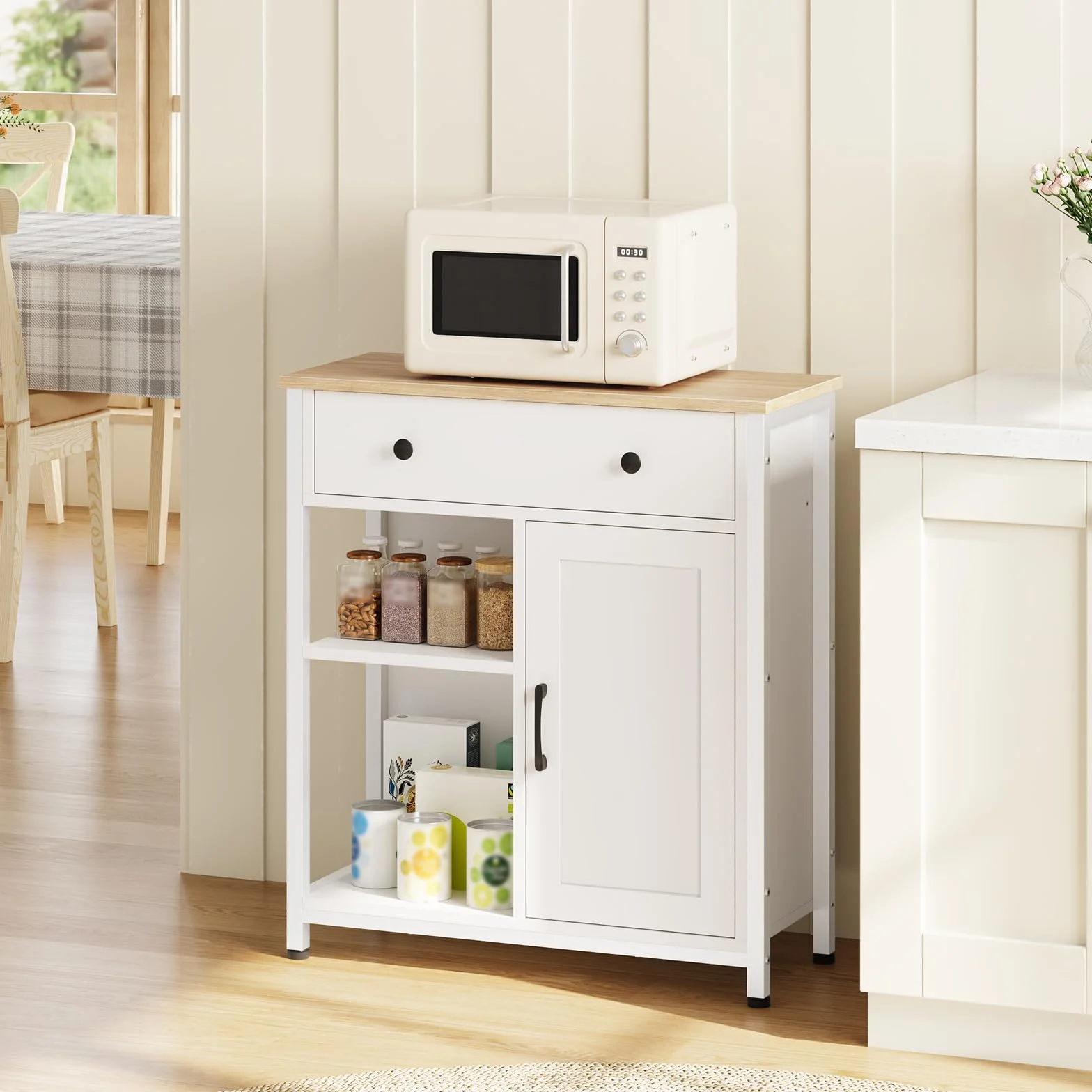 HOOBRO Aparador con 1 Cajón y Estante Ajustable, Armario de Cocina, Mueble Auxiliar Buffet, Gabinete de Almacenamiento, Mesa de Café, para Cocina, Comedor, Sala de Estar, Blanco y Natural EWN70CB01