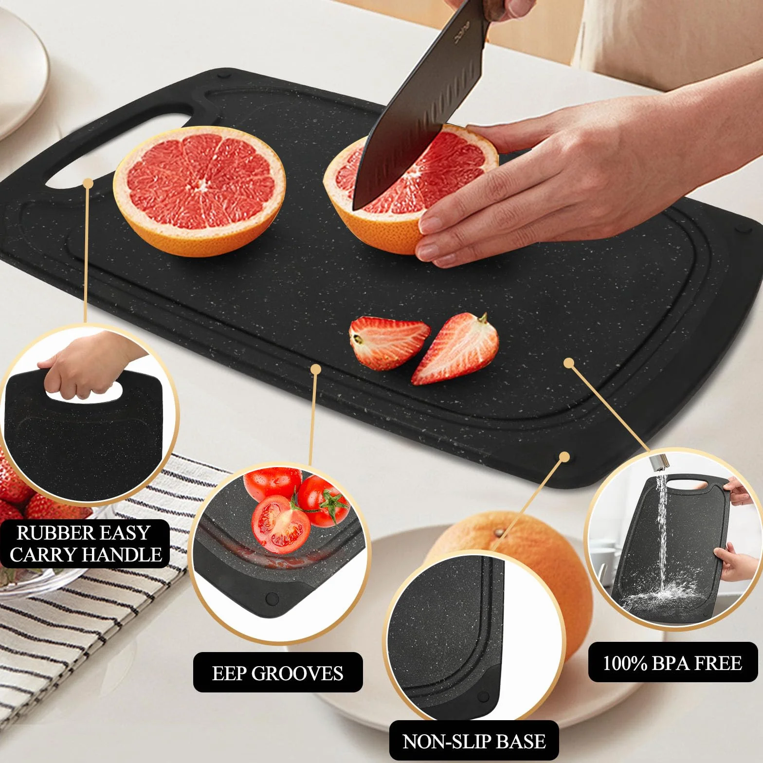 Set de 3 Tablas de Cortar de Plástico Sin BPA con Asas y Ranura para Jugo Antideslizante Negro