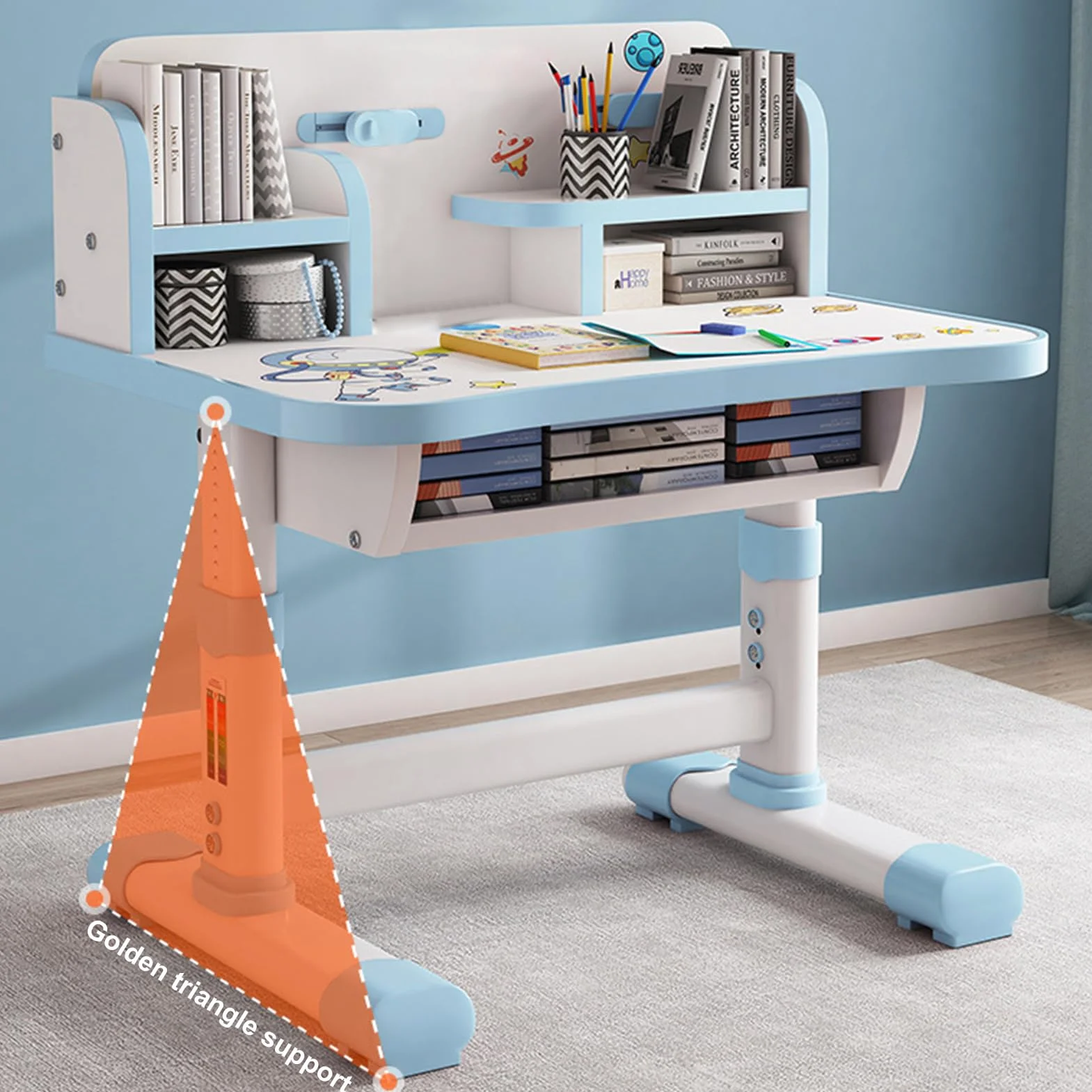 Mesa Escritorio Infantil con Silla y Estantería - Set de Estudio para Niños 3-18 Años Ajustable en Altura, con Diseño de Cómic, Pizarra Grande y Organizador de Libros (Rosa)