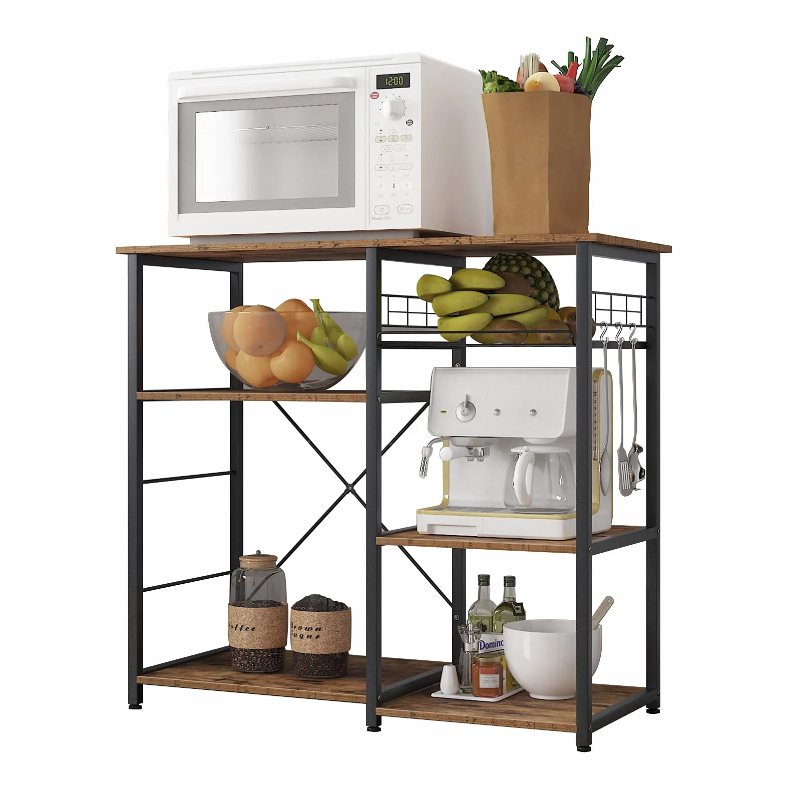 DlandHome Estantería Cocina Multiuso para Horno Microondas Mueble Auxiliar de Cocina Mueble Cocina Estanterias Metalicas Almacenaje con Caja de Almacenamiento de Frutas, Color Retro