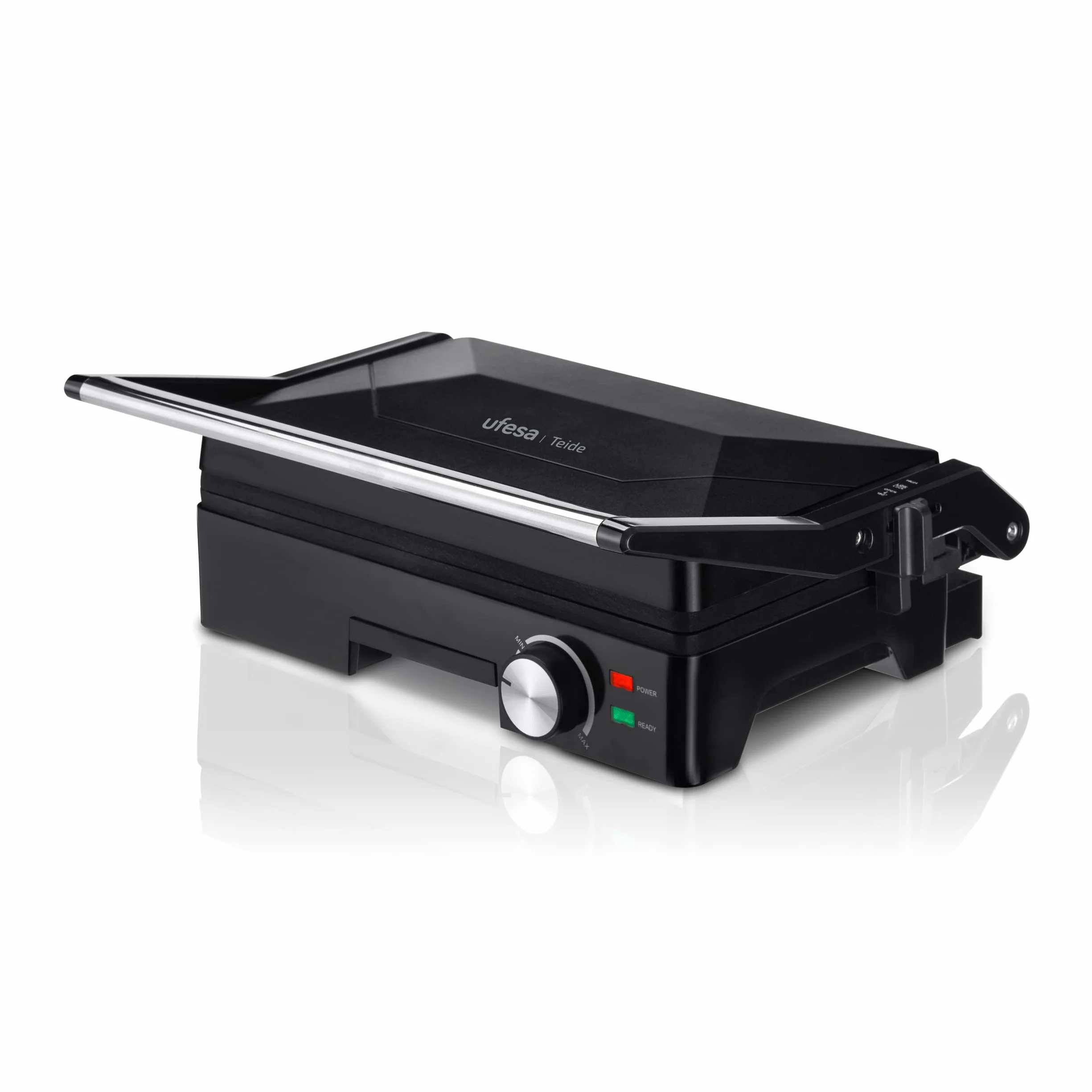Ufesa Teide Parilla Eléctrica, Panini Press Grill, 1600W, Placas Antiadherentes, Apertura 180º, Regulador de Temperatura, Asa Toque Frio, Negro