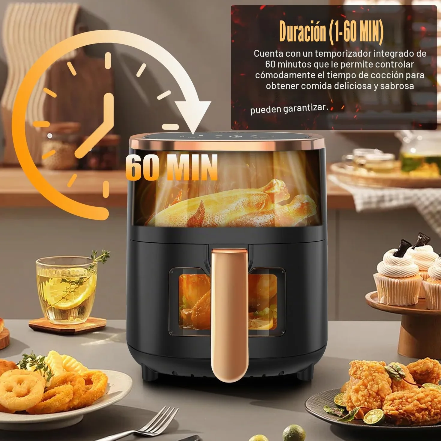 Freidora de aire caliente, 6 litros, airfryer con 8 programas, tecnología Rapid Air, pantalla táctil, ventana de visualización, apta para lavavajillas, freidora sin aceite, parrilla digital, horneado