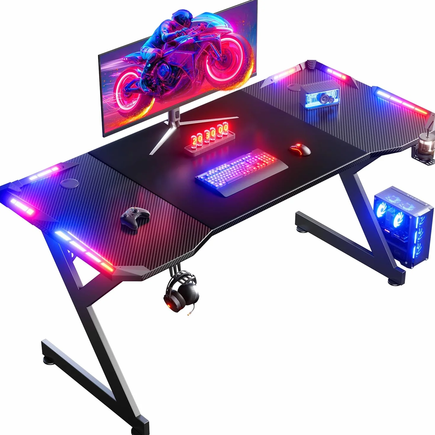 HLFURNIEU LED Mesa Gaming 160 x 60 cm, Escritorio Gaming Ergonómica de Superficie de Fibra de Carbono, Mesa Ordenador con Portavasos y Gancho para Auriculares, Escritorio Gamer Negro
