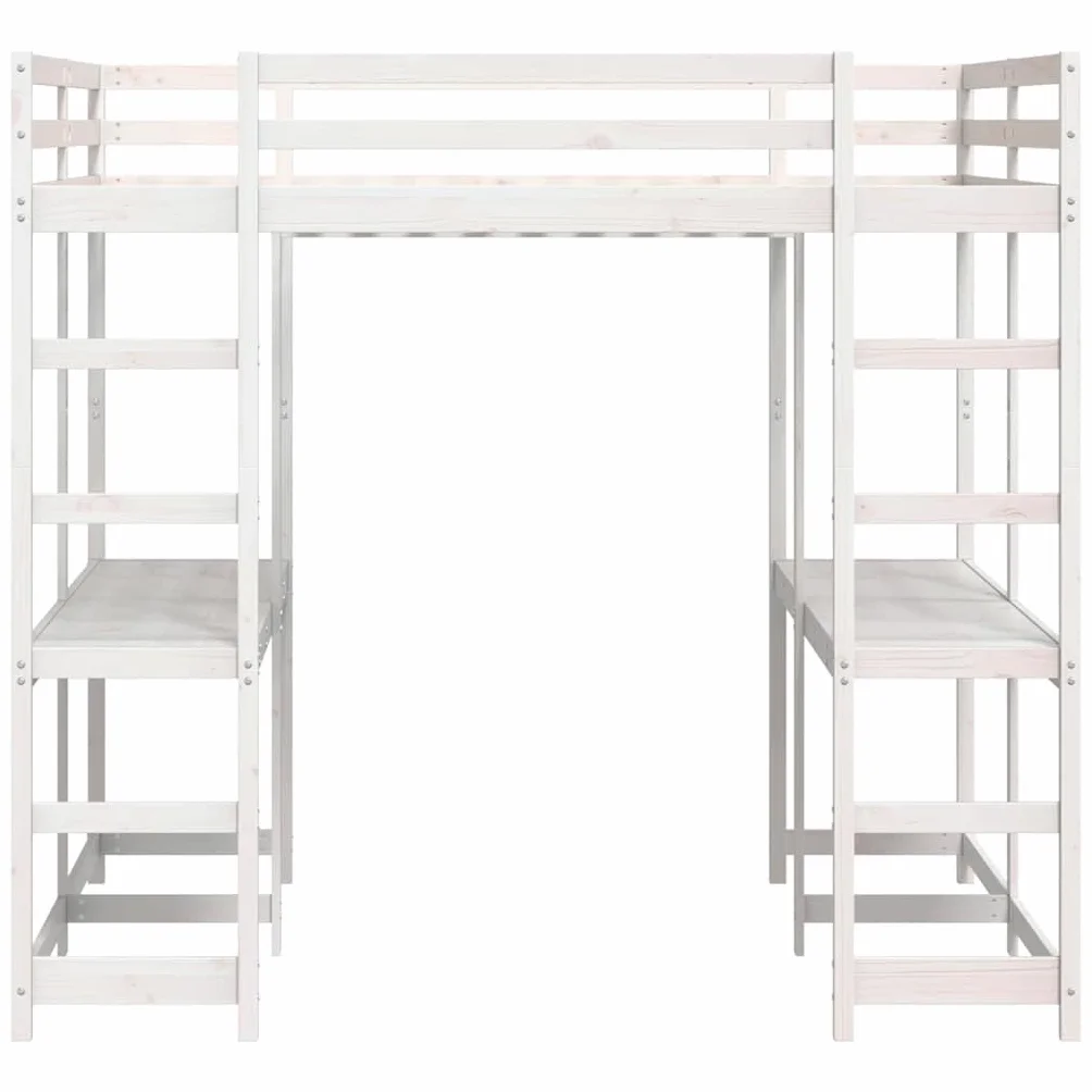 Cama alta con escritorio y escalera, marco de cama de pino blanco, 160 x 200 cm, cama de tamaño Queen robusta para niños y jóvenes, mueble que ahorra espacio
