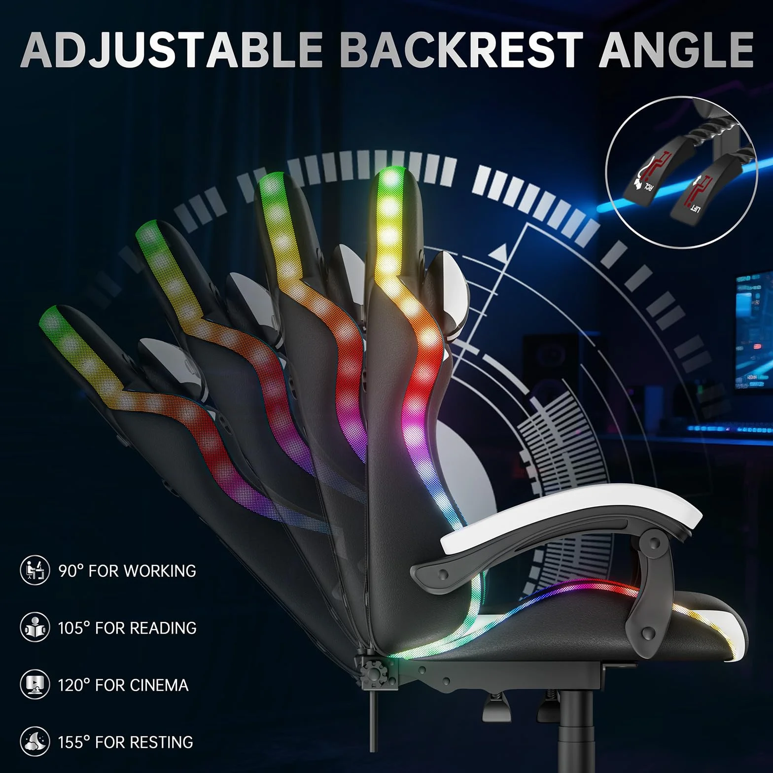 Silla de juegos con luces LED, silla reclinable ergonómica con luces RGB, reposacabezas ajustable y soporte lumbar, silla de oficina de piel sintética para computadora, altura e inclinación